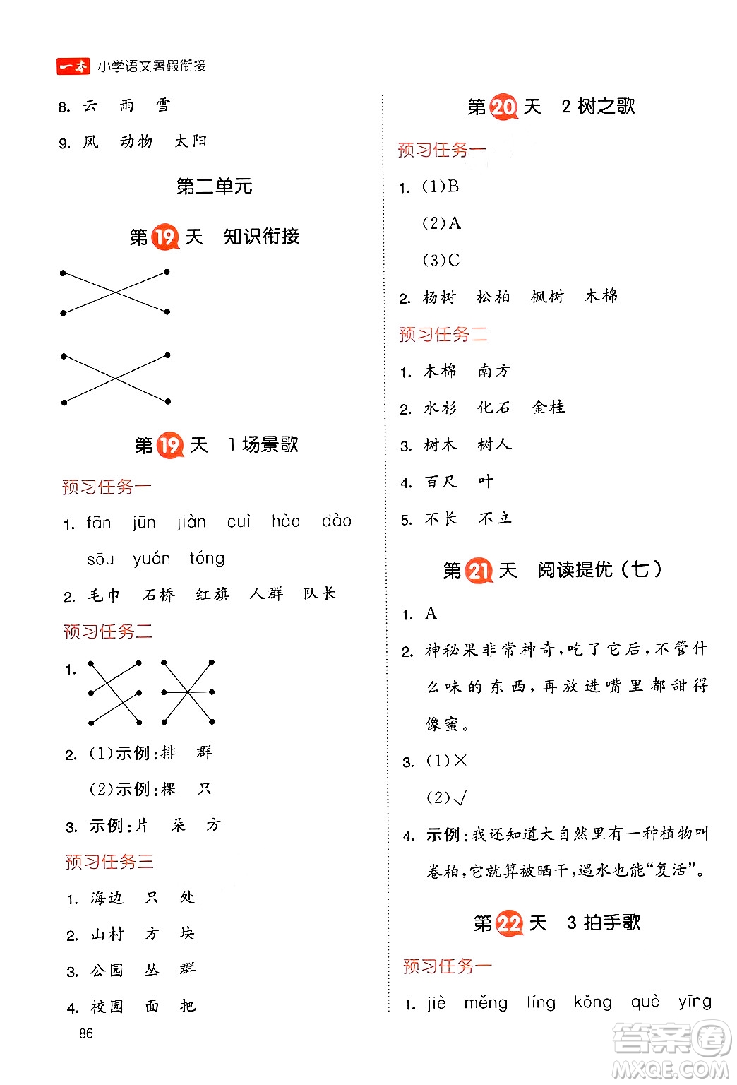 湖南教育出版社2024年一本暑假銜接1升2年級(jí)語(yǔ)文人教版福建專(zhuān)版答案