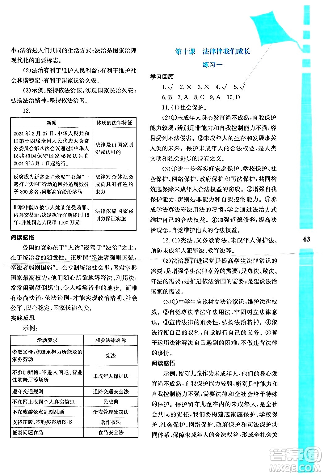 陜西人民教育出版社2024年暑假作業(yè)與生活七年級(jí)道德與法治通用版答案