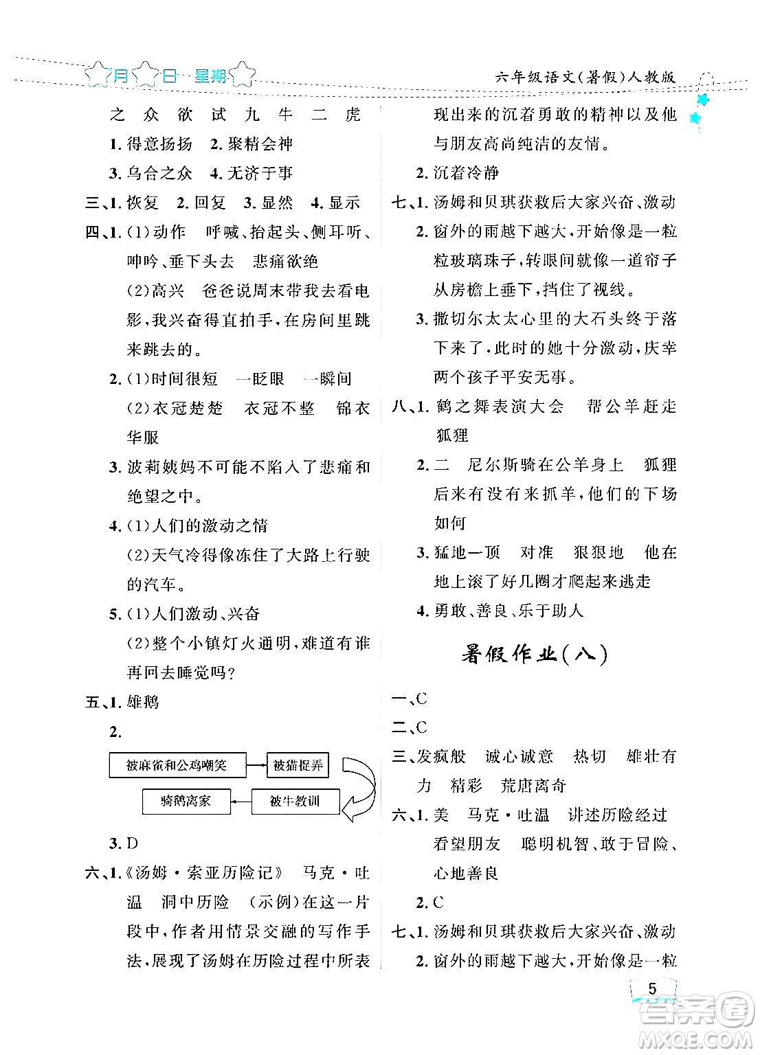 黑龍江少年兒童出版社2024年陽(yáng)光假日暑假六年級(jí)語(yǔ)文人教版答案