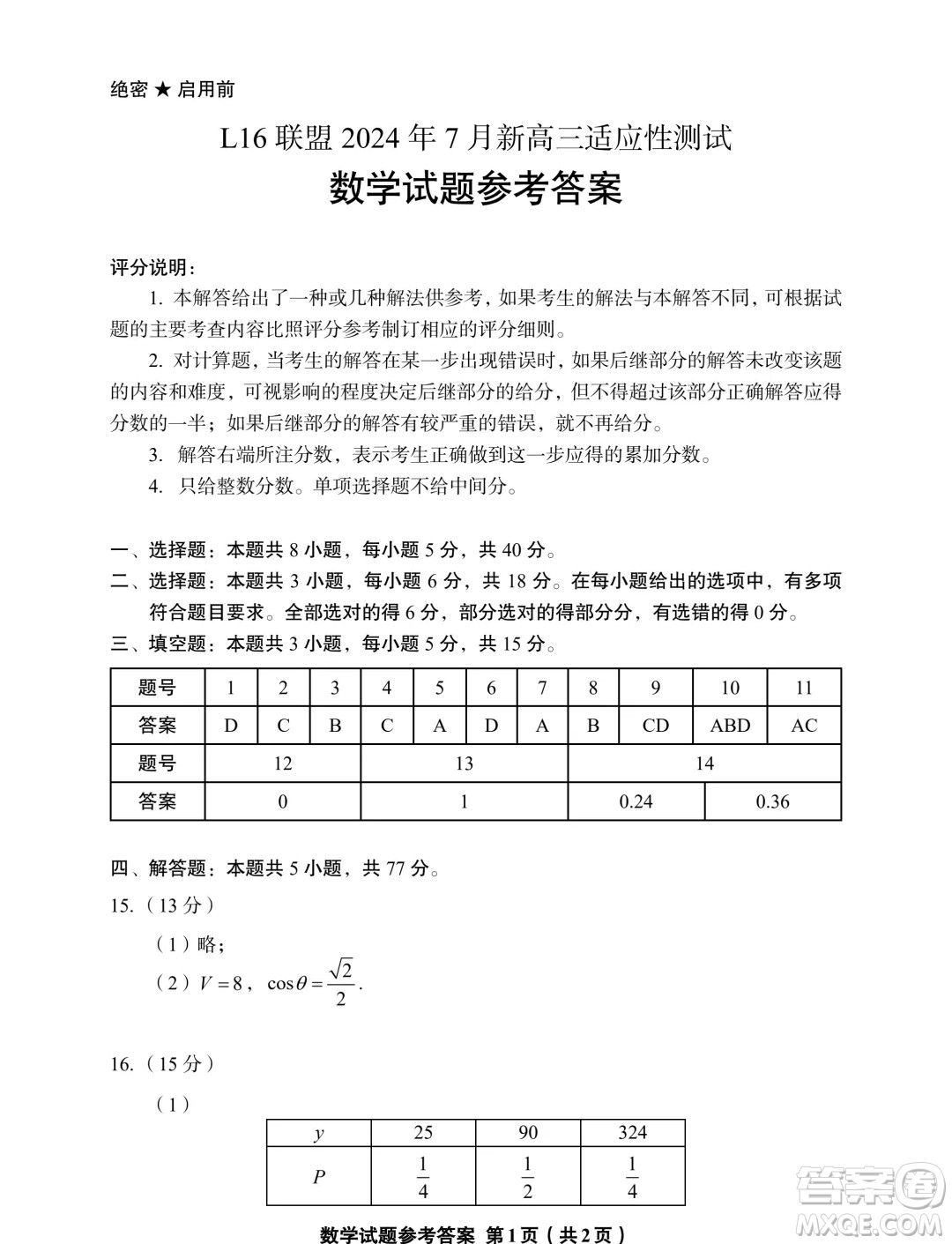 225屆浙江L16聯(lián)盟7月新高三適應(yīng)性測試數(shù)學(xué)試題答案