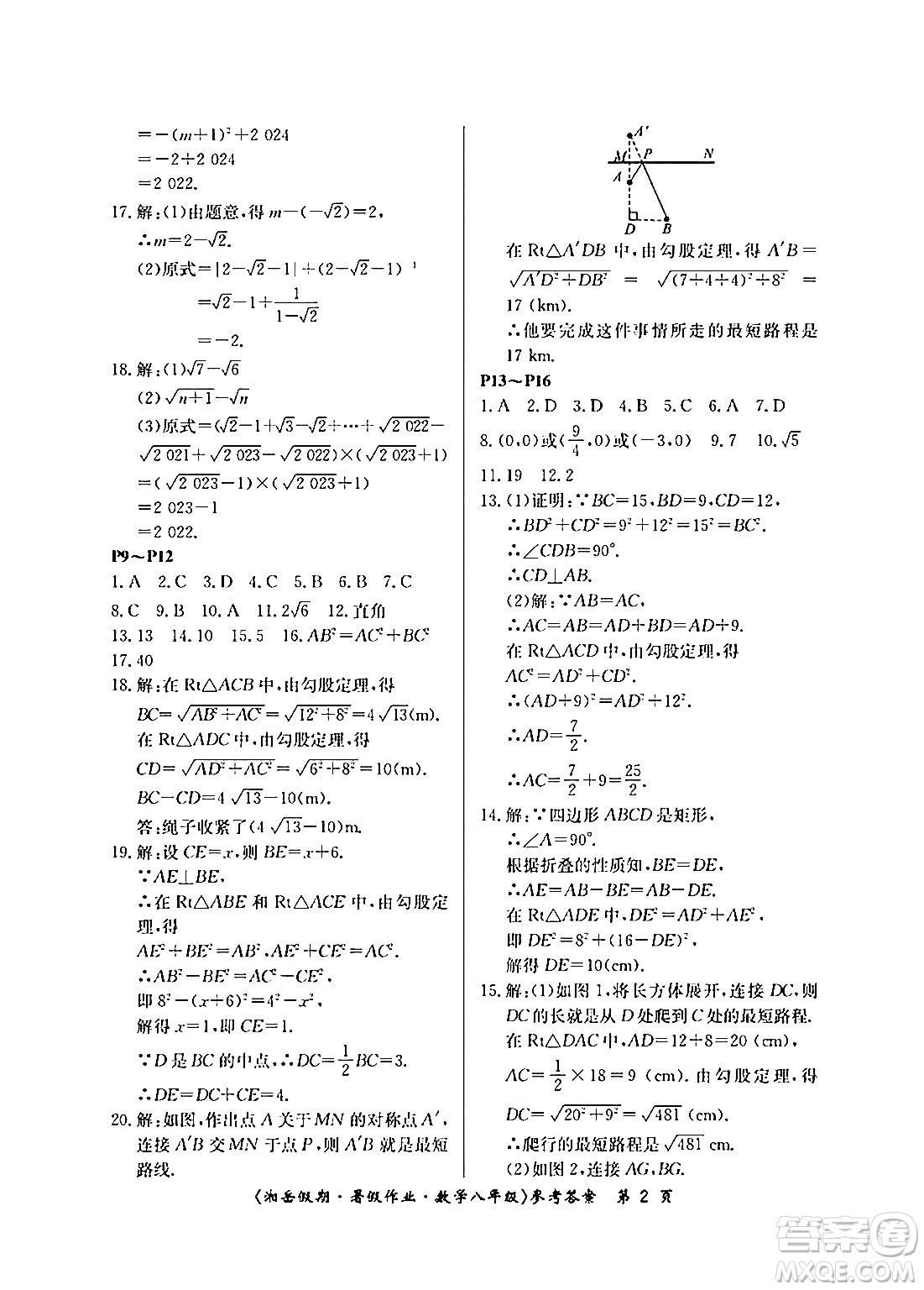 湖南大學(xué)出版社2024年湘岳假期暑假作業(yè)八年級數(shù)學(xué)人教版答案