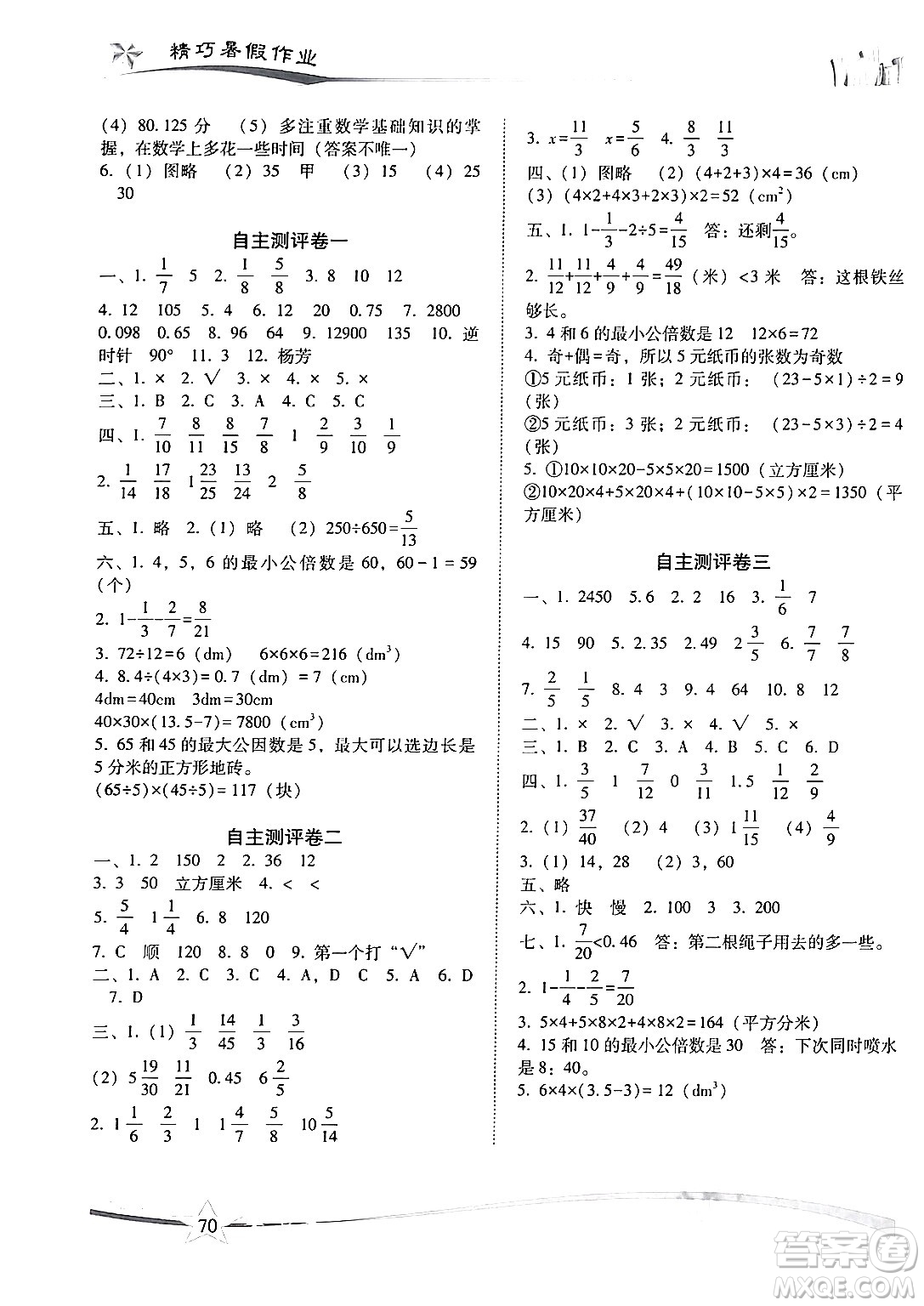 云南美術(shù)出版社2024年精巧暑假作業(yè)五年級數(shù)學人教版答案