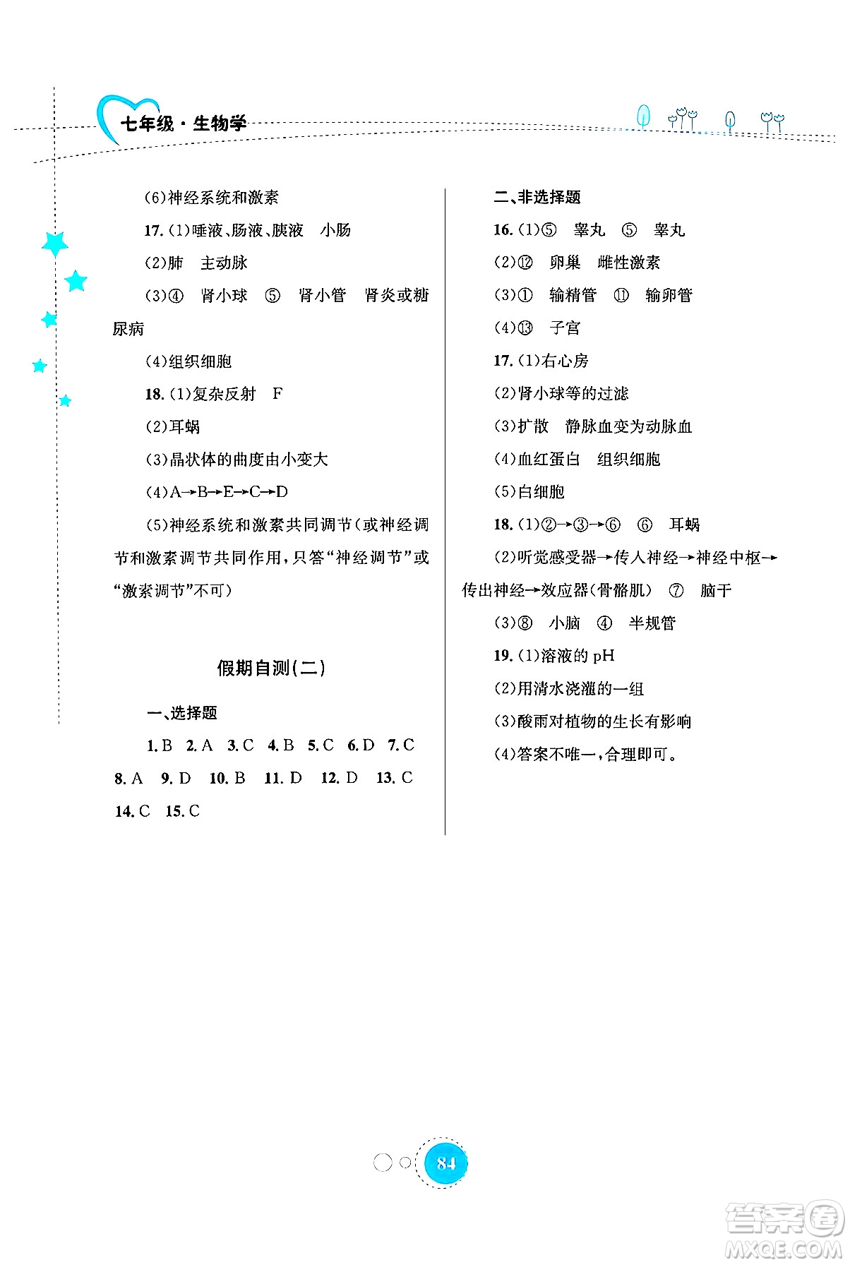 知識出版社2024年志鴻優(yōu)化系列叢書暑假作業(yè)七年級生物通用版答案