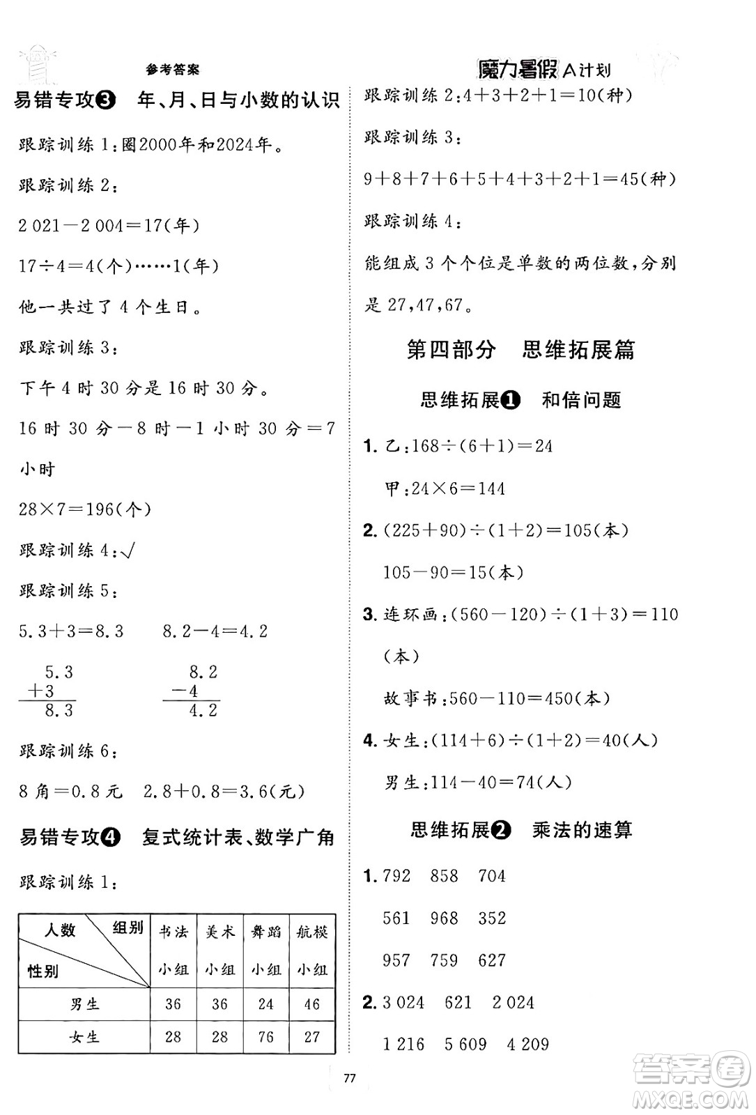 江西美術(shù)出版社2024年學海風暴叢書魔力暑假A計劃三年級數(shù)學人教版答案