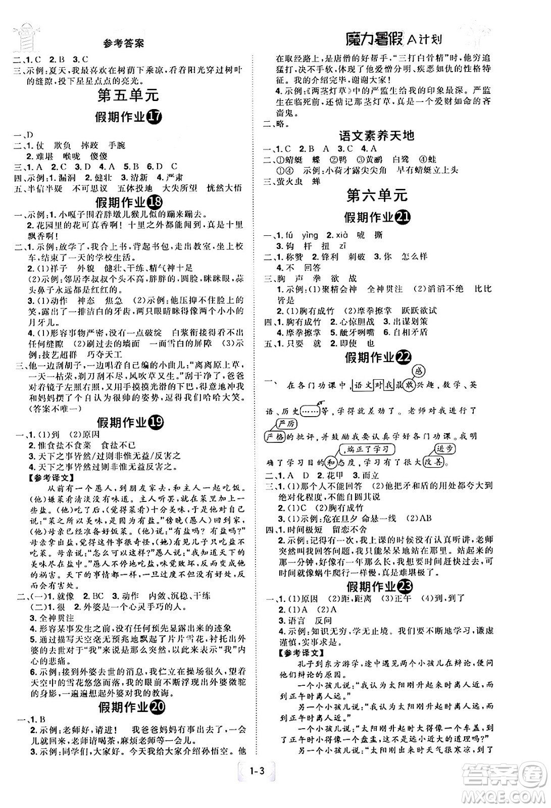 江西美術(shù)出版社2024年學(xué)海風暴叢書魔力暑假A計劃五年級語文人教版答案