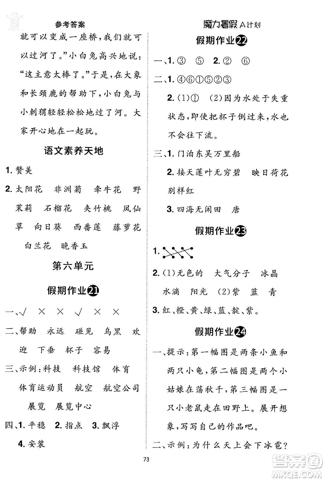 江西美術(shù)出版社2024年學(xué)海風(fēng)暴叢書(shū)魔力暑假A計(jì)劃二年級(jí)語(yǔ)文人教版答案