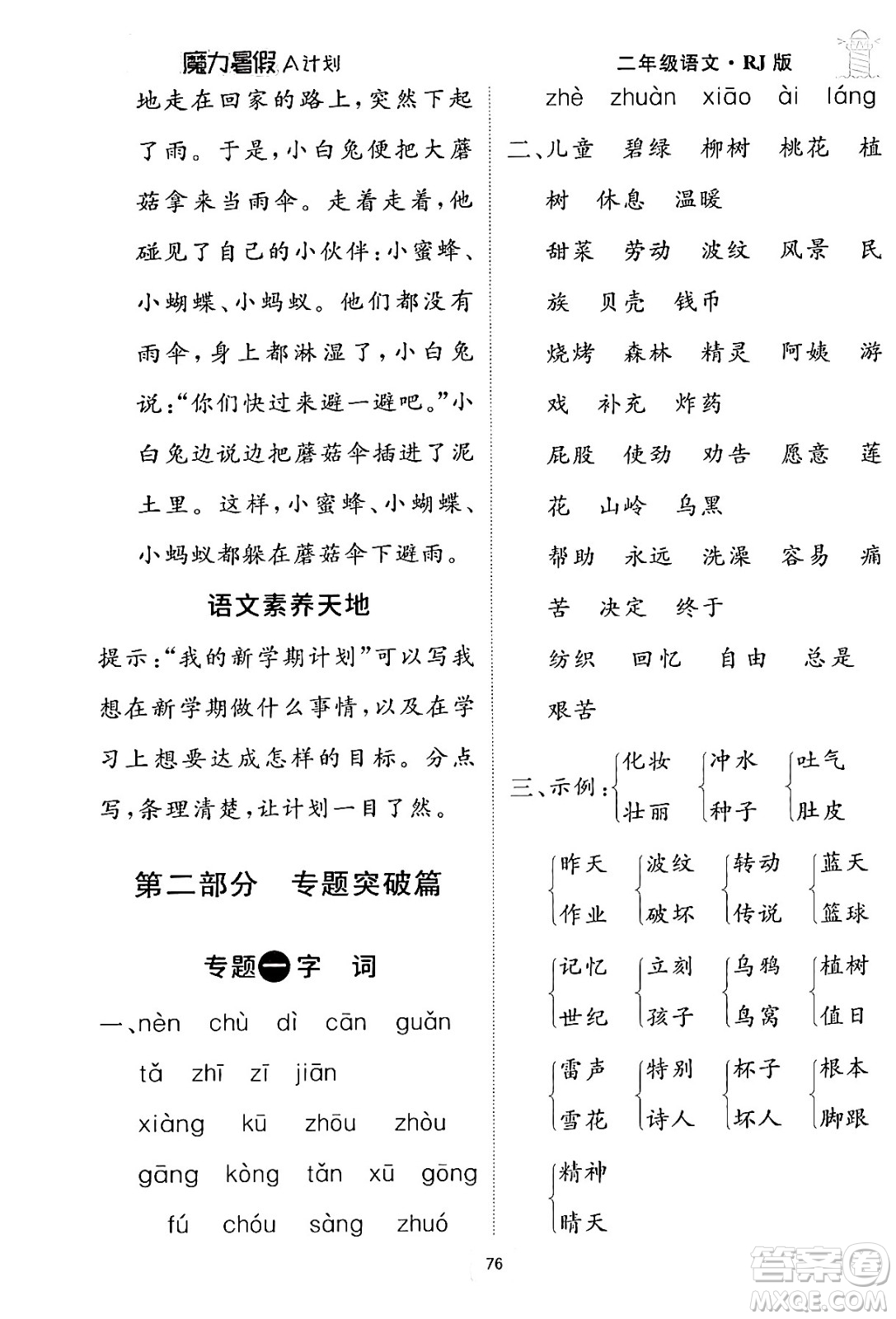 江西美術(shù)出版社2024年學(xué)海風(fēng)暴叢書(shū)魔力暑假A計(jì)劃二年級(jí)語(yǔ)文人教版答案