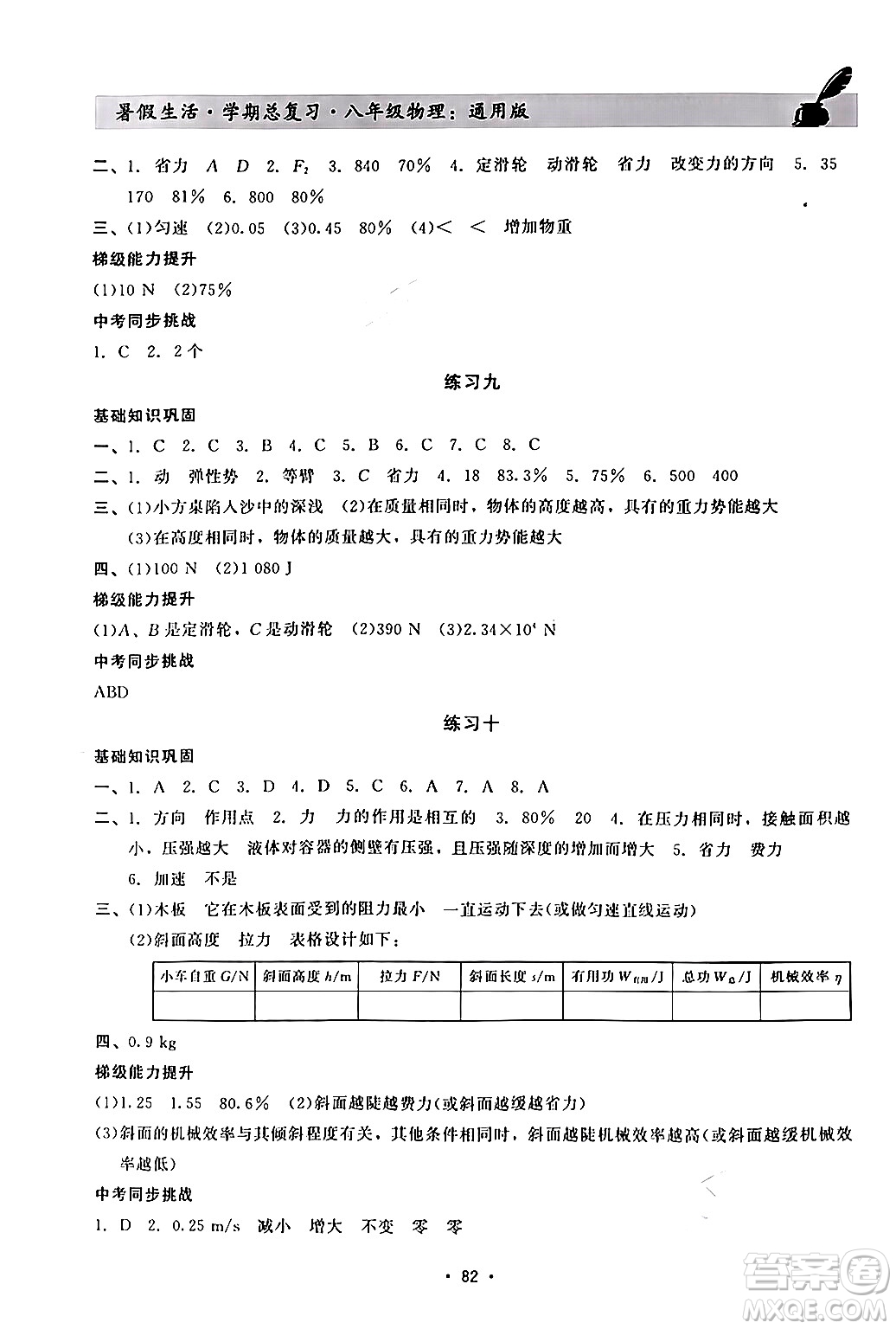 河北科學技術出版社2024年假期核心素養(yǎng)暑假生活學期總復習八年級物理通用版答案