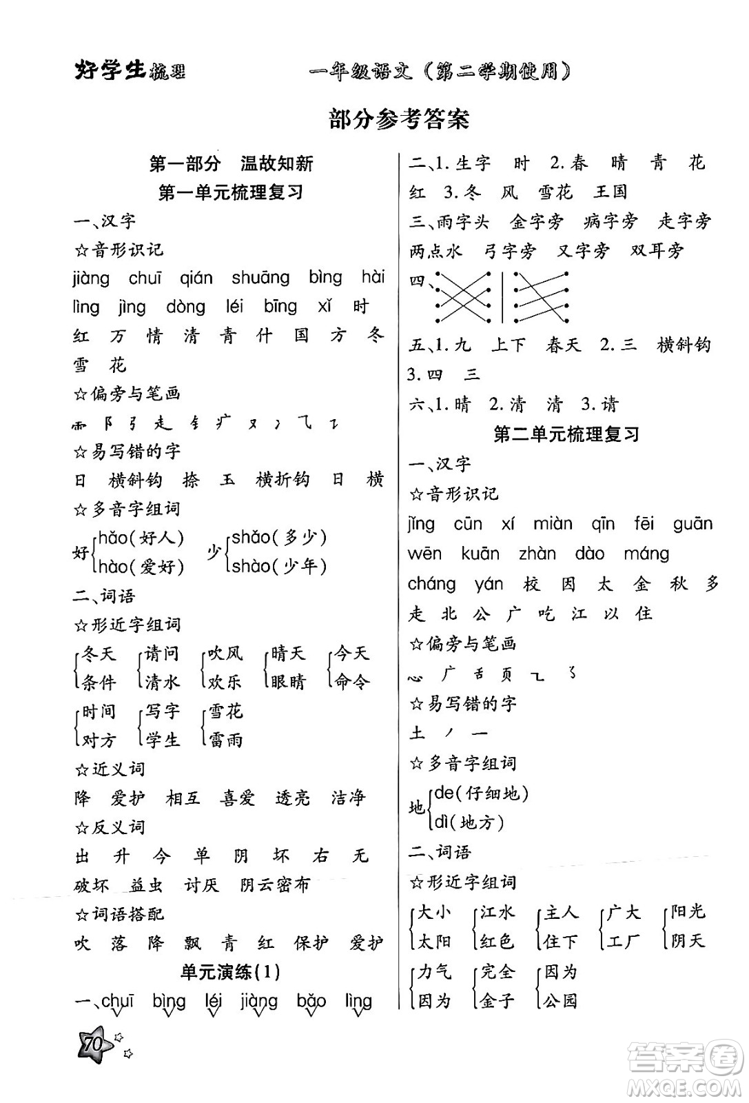 河北美術(shù)出版社2024年好學(xué)生梳理復(fù)習(xí)與銜接暑假一年級語文通用版答案