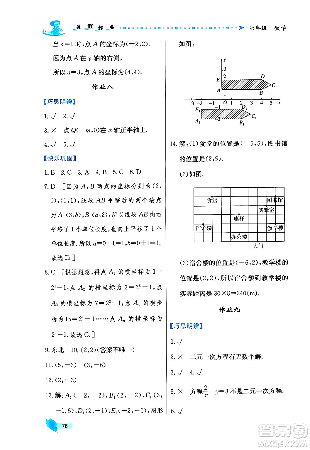 陜西人民出版社2024年實驗教材新學案暑假作業(yè)七年級數(shù)學通用版答案