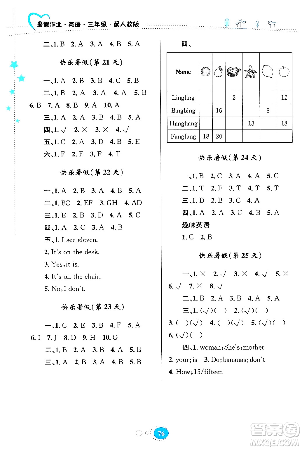 貴州教育出版社2024年暑假作業(yè)三年級英語人教版答案