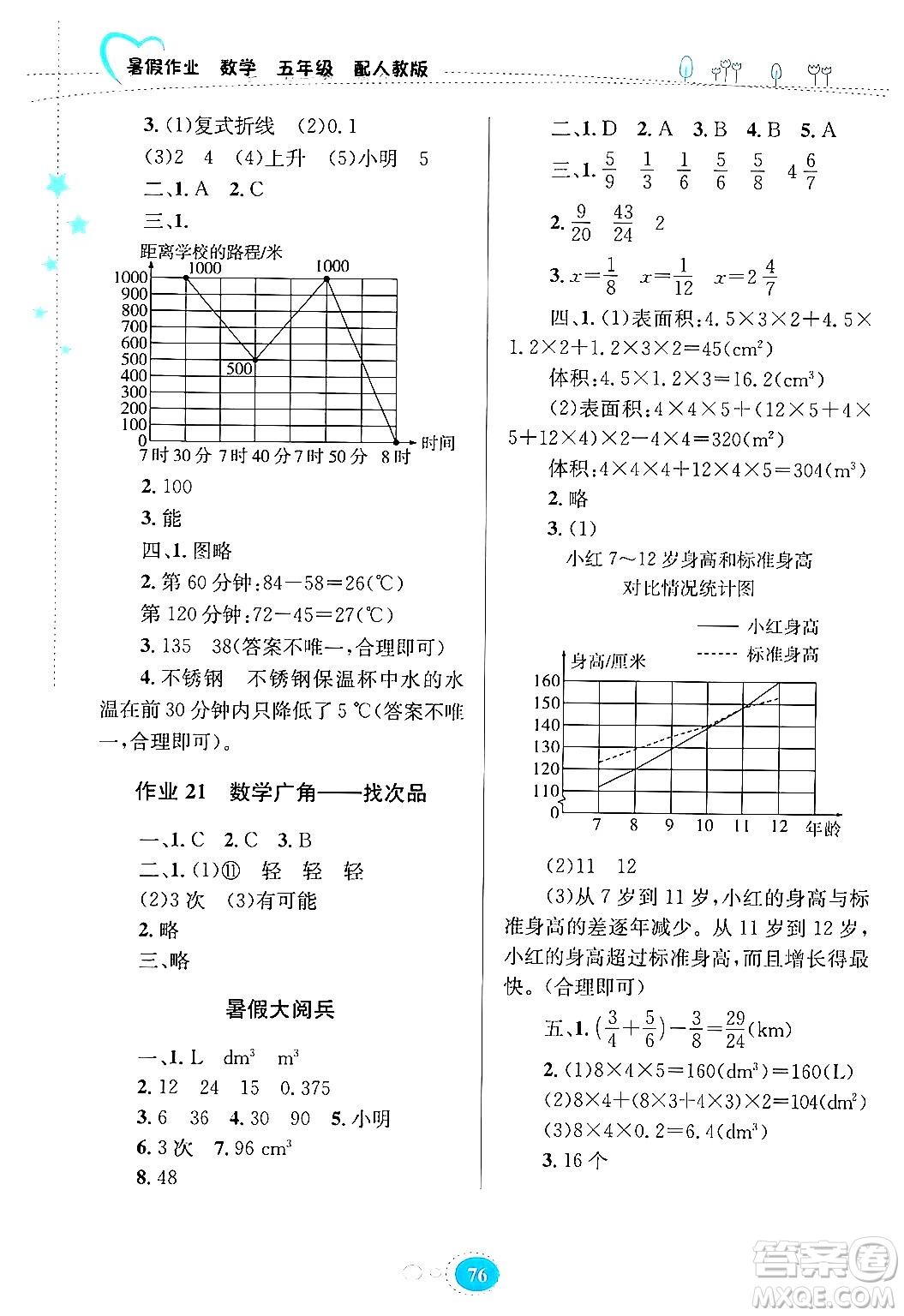 貴州教育出版社2024年暑假作業(yè)五年級數(shù)學人教版答案