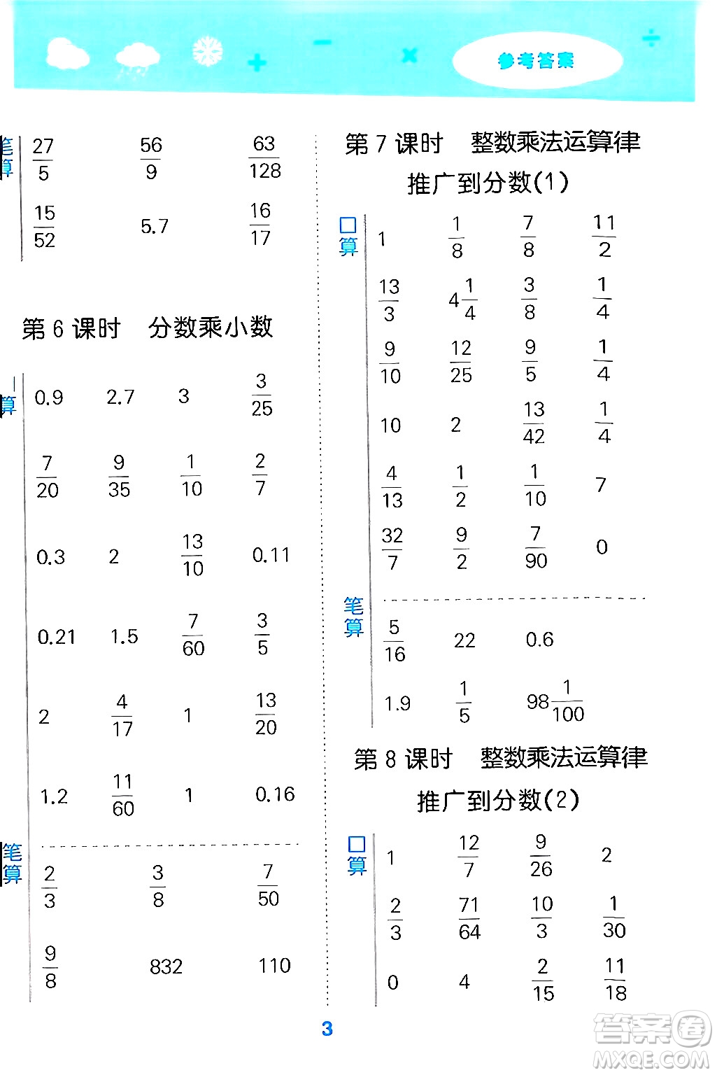 山東教育出版社2024年秋小兒郎小學(xué)口算大通關(guān)六年級數(shù)學(xué)上冊人教版答案