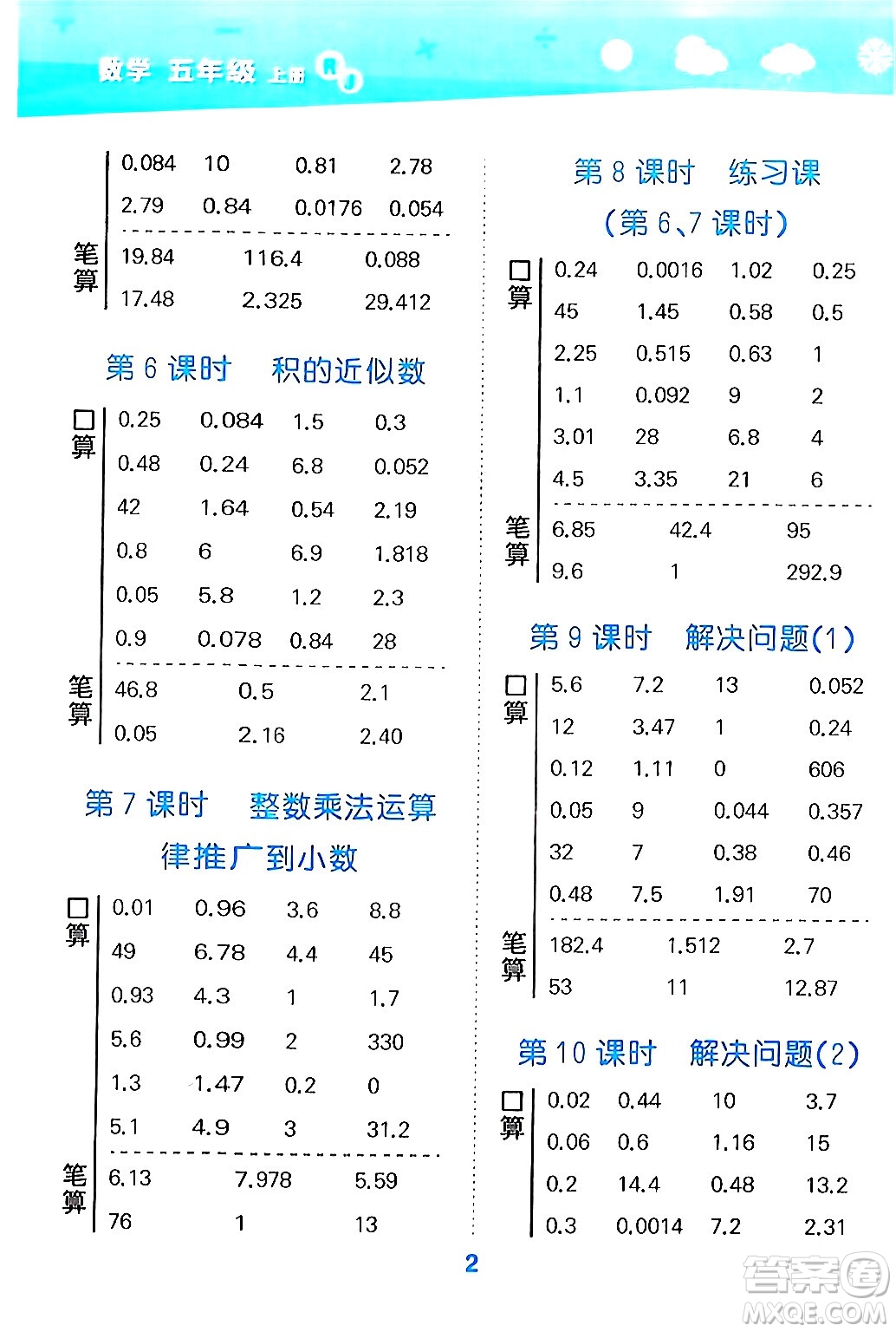 山東教育出版社2024年秋小兒郎小學(xué)口算大通關(guān)五年級數(shù)學(xué)上冊人教版答案