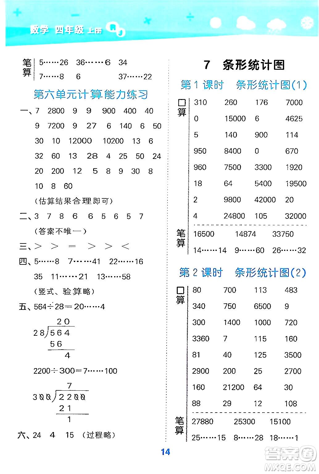 山東教育出版社2024年秋小兒郎小學口算大通關四年級數(shù)學上冊人教版答案