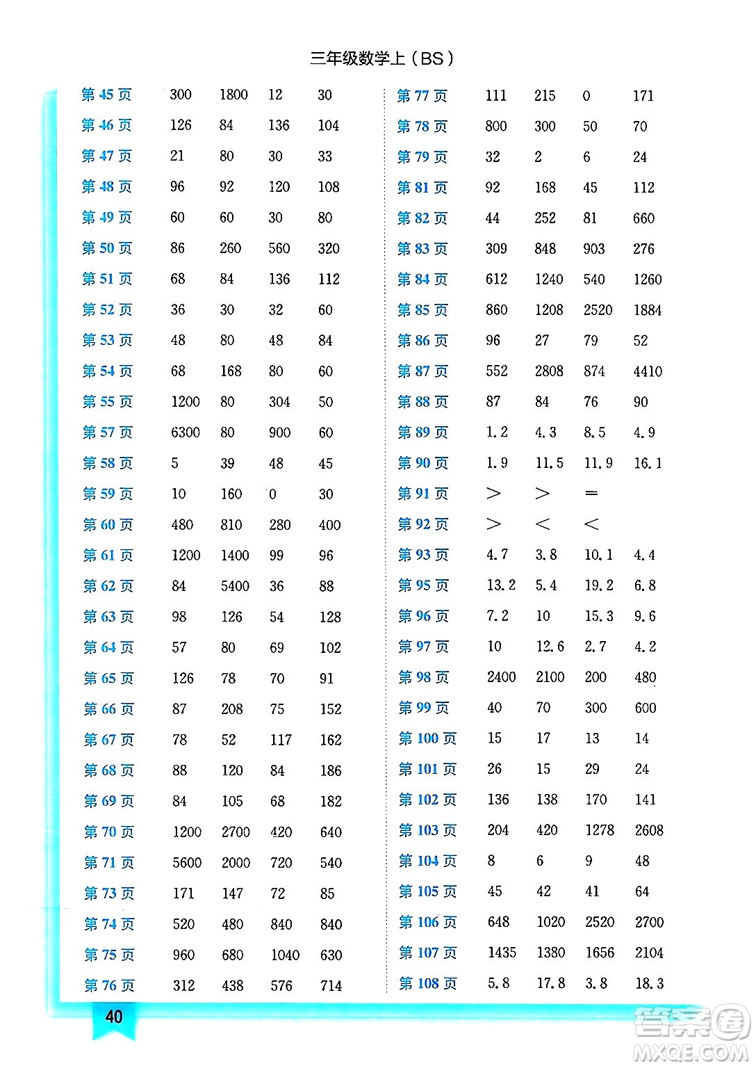 龍門書局2024年秋黃岡小狀元作業(yè)本三年級數(shù)學(xué)上冊北師大版答案