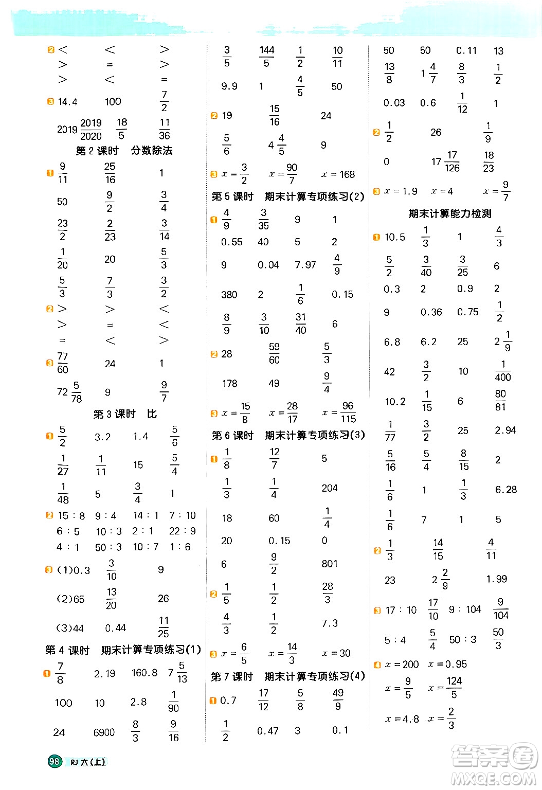 江西教育出版社2024年秋陽光同學(xué)計(jì)算小達(dá)人六年級(jí)數(shù)學(xué)上冊(cè)人教版答案