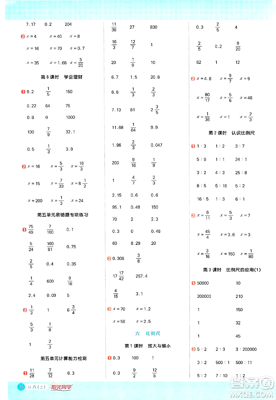 江西教育出版社2024年秋陽光同學計算小達人六年級數(shù)學上冊冀教版答案