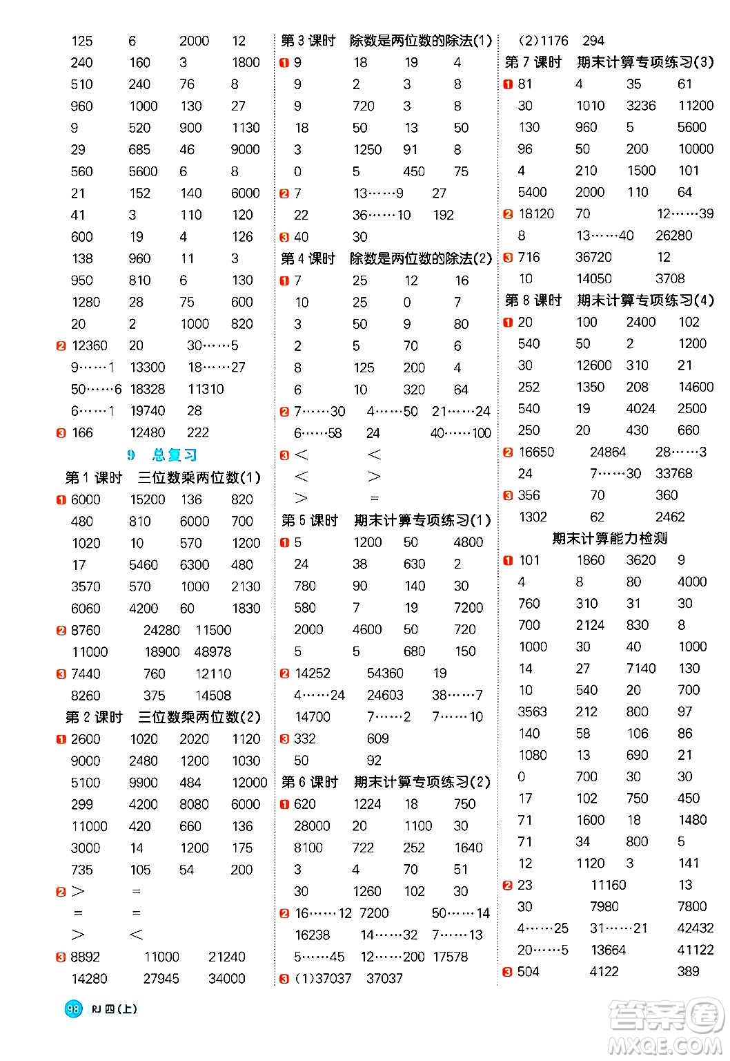 江西教育出版社2024年秋陽光同學(xué)計算小達人四年級數(shù)學(xué)上冊人教版答案