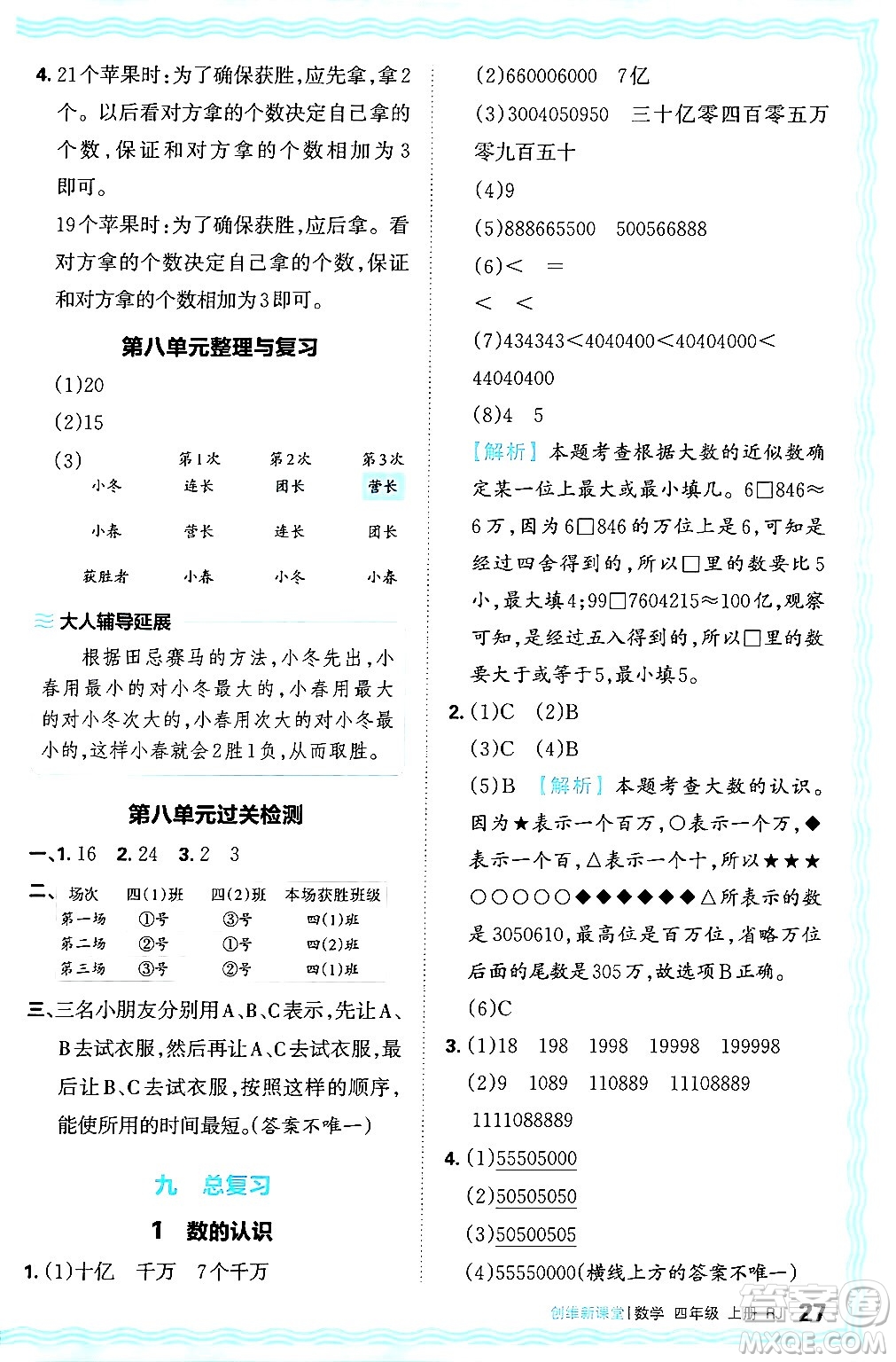 江西人民出版社2024年秋王朝霞創(chuàng)維新課堂四年級(jí)數(shù)學(xué)上冊(cè)人教版答案