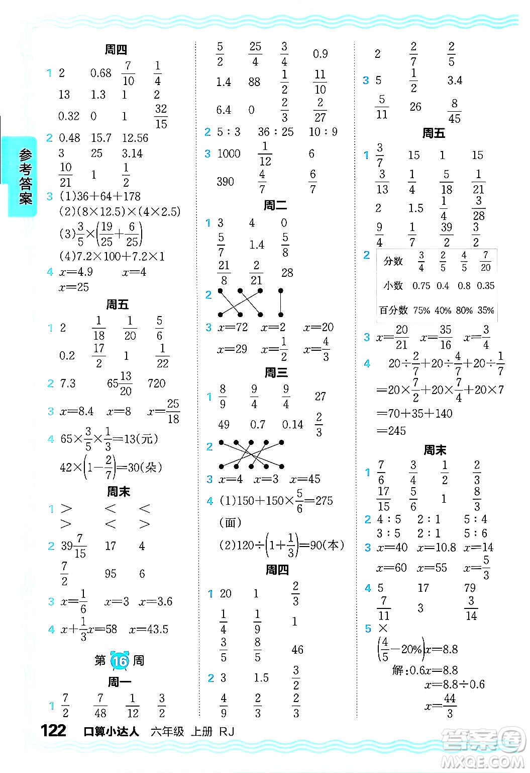 江西人民出版社2024年秋王朝霞口算小達(dá)人六年級數(shù)學(xué)上冊人教版答案