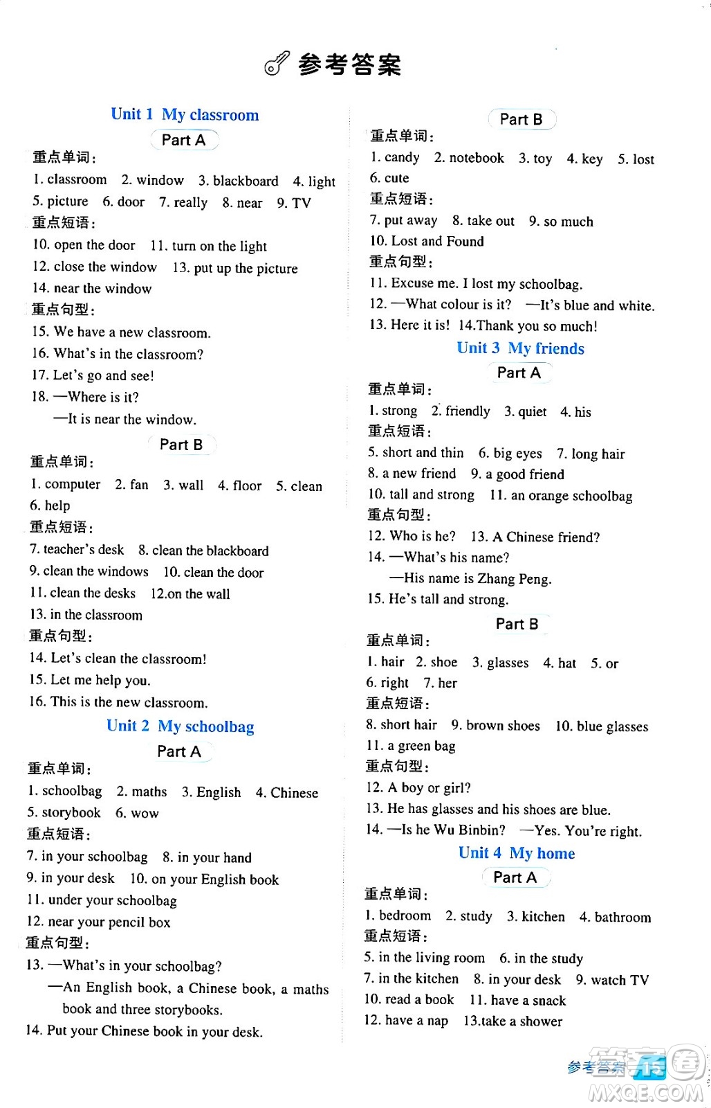 吉林教育出版社2024年秋綜合應(yīng)用創(chuàng)新題典中點四年級英語上冊人教PEP版三起點答案