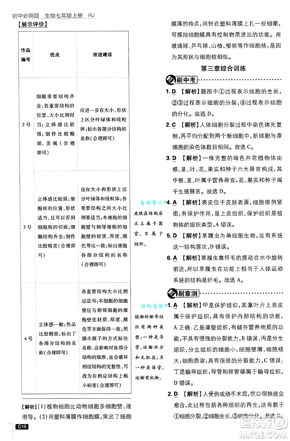 開明出版社2025屆初中必刷題拔尖提優(yōu)訓(xùn)練七年級生物上冊人教版答案