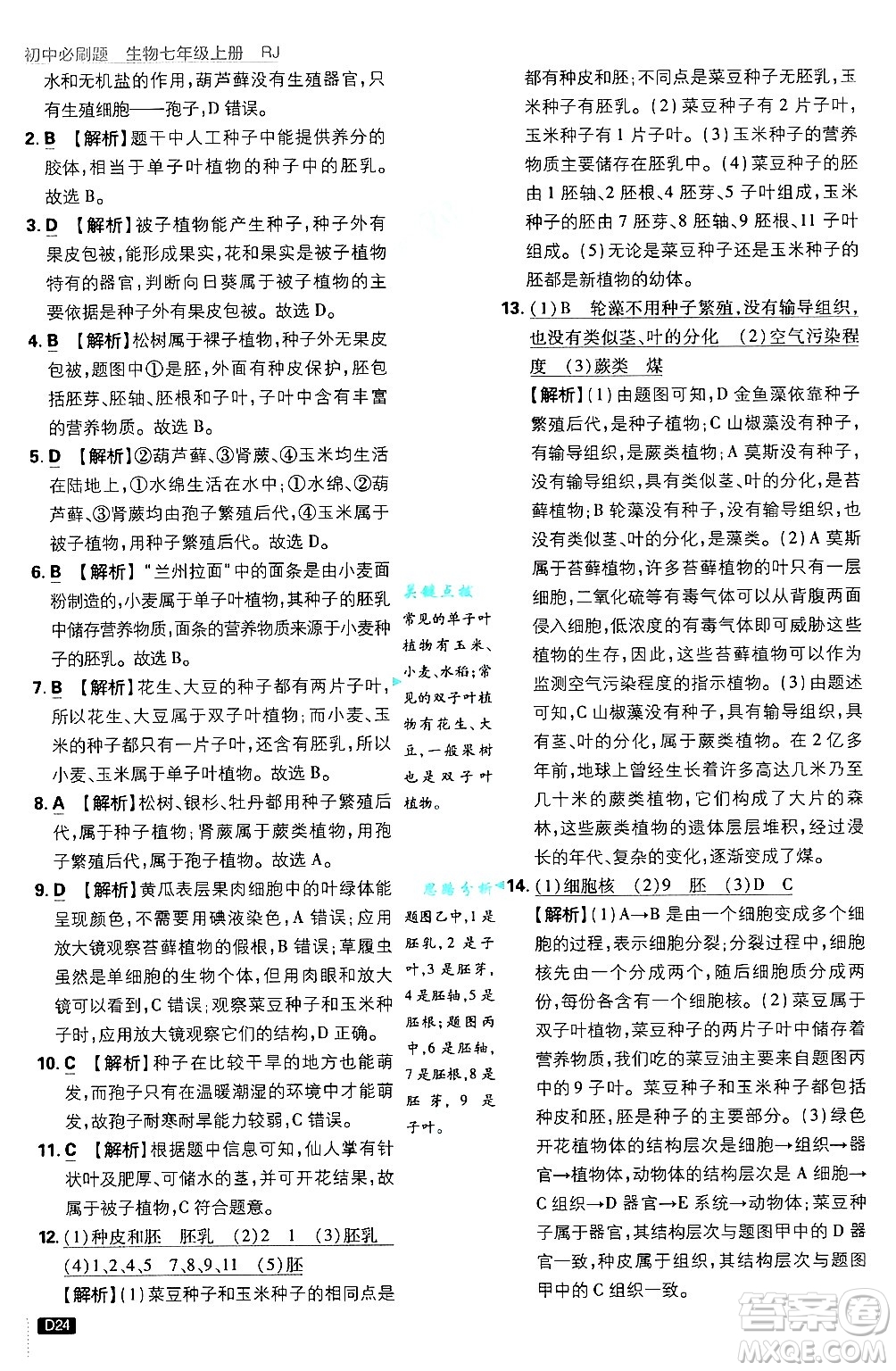 開明出版社2025屆初中必刷題拔尖提優(yōu)訓(xùn)練七年級生物上冊人教版答案