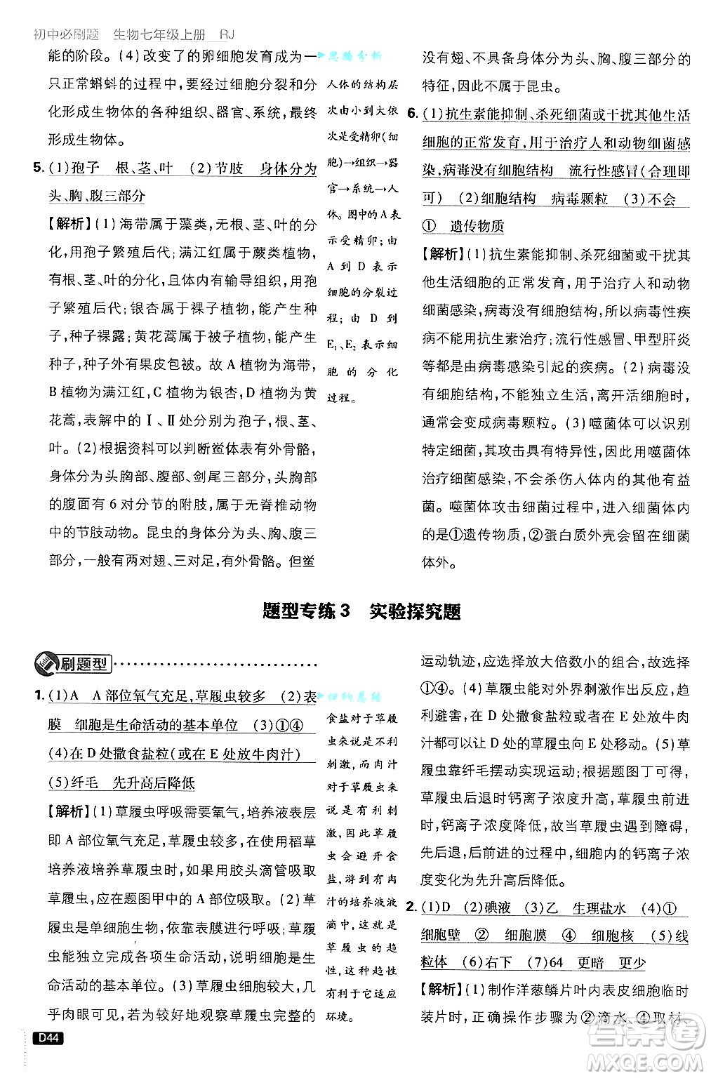 開明出版社2025屆初中必刷題拔尖提優(yōu)訓(xùn)練七年級生物上冊人教版答案