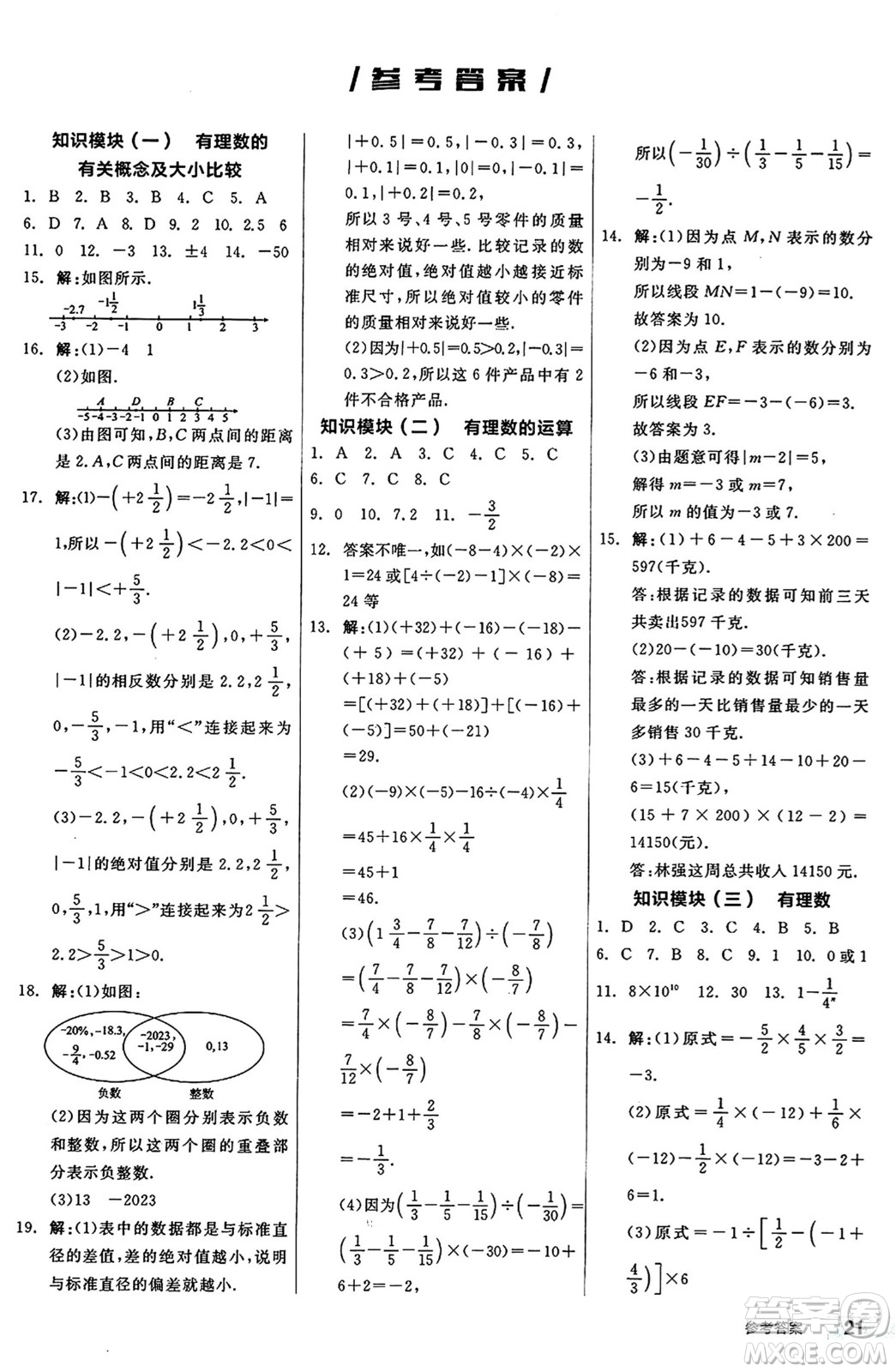 陽光出版社2024秋全品作業(yè)本七年級數(shù)學上冊滬科版安徽專版答案