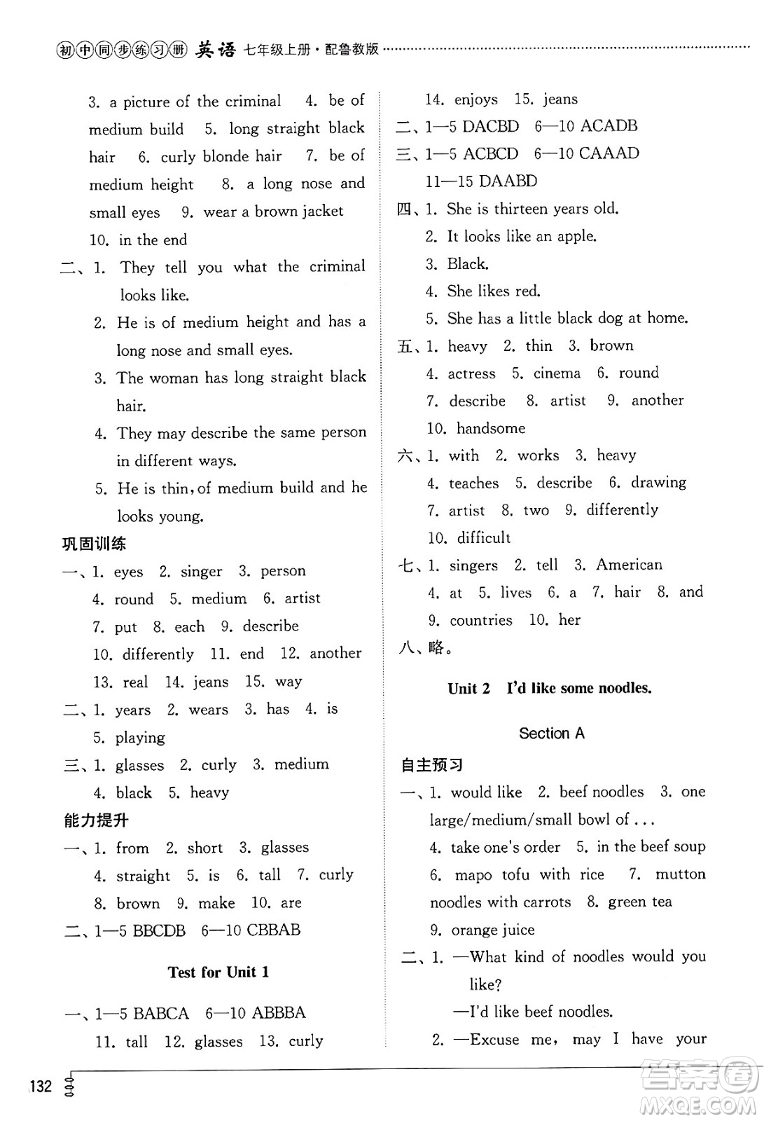 山東教育出版社2024秋初中同步練習冊七年級英語上冊魯教版五四制答案