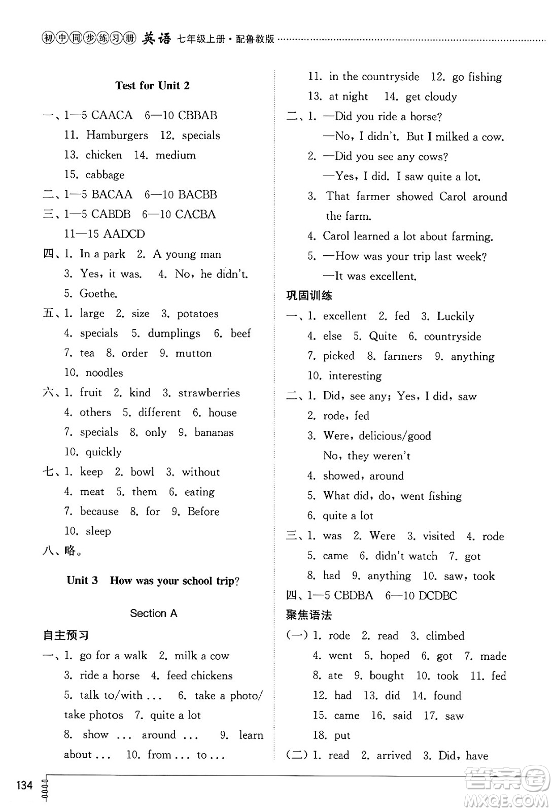 山東教育出版社2024秋初中同步練習冊七年級英語上冊魯教版五四制答案