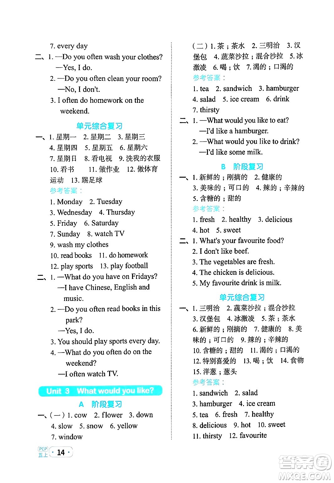 江西教育出版社2024年秋陽(yáng)光同學(xué)默寫(xiě)小達(dá)人五年級(jí)英語(yǔ)上冊(cè)人教PEP版答案