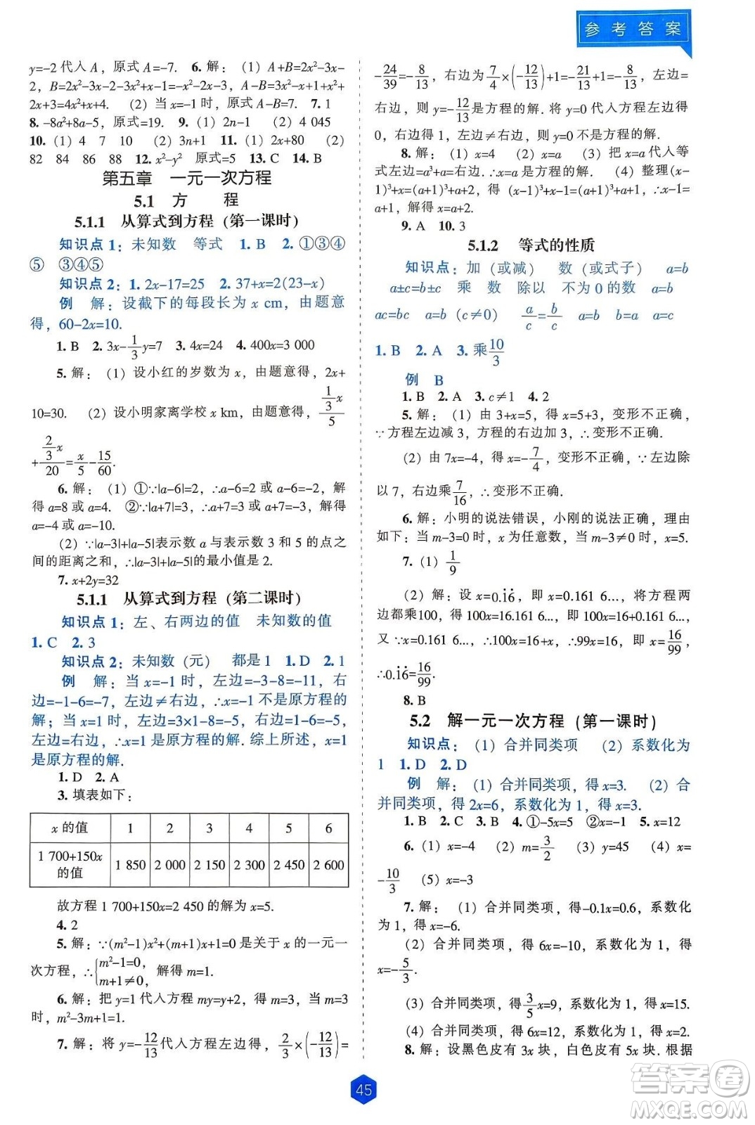 遼海出版社2024年秋新課程能力培養(yǎng)七年級數(shù)學(xué)上冊人教版答案