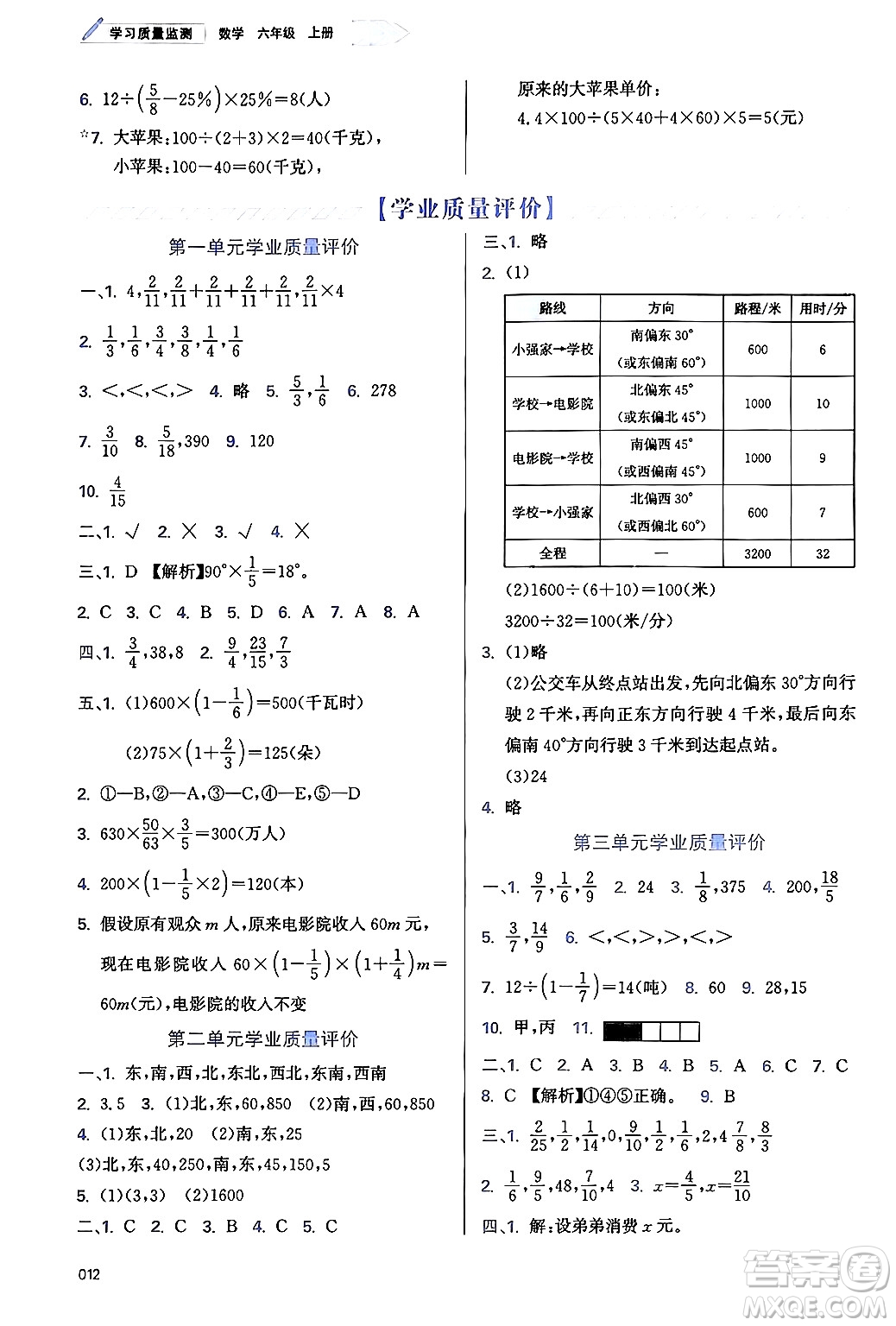 天津教育出版社2024年秋學(xué)習(xí)質(zhì)量監(jiān)測六年級數(shù)學(xué)上冊人教版答案