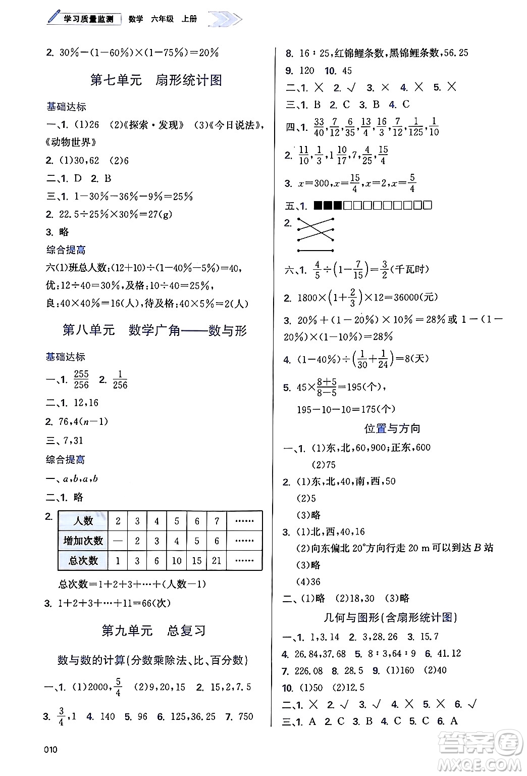 天津教育出版社2024年秋學(xué)習(xí)質(zhì)量監(jiān)測六年級數(shù)學(xué)上冊人教版答案