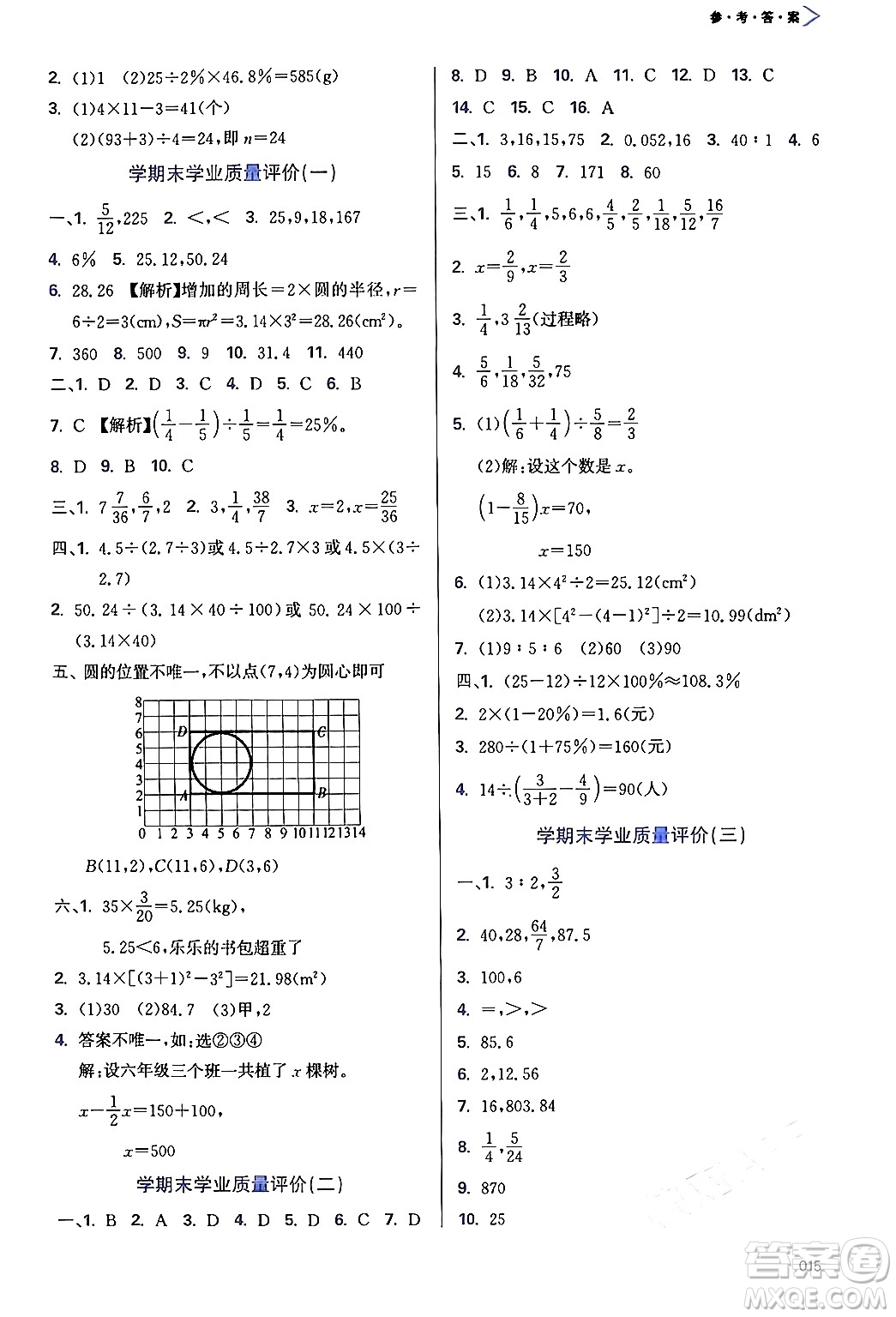 天津教育出版社2024年秋學(xué)習(xí)質(zhì)量監(jiān)測六年級數(shù)學(xué)上冊人教版答案