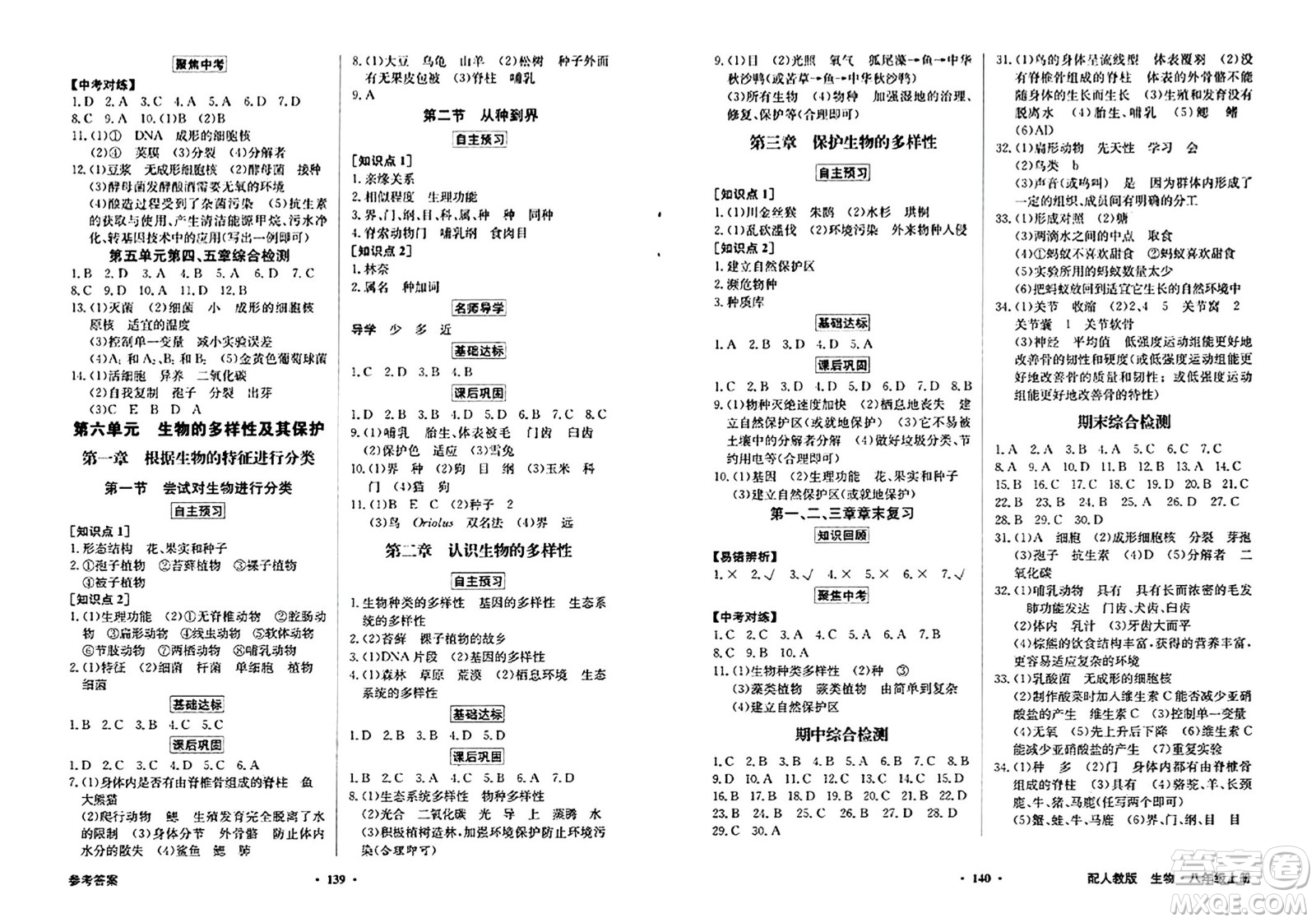 人民教育出版社2024年秋同步導(dǎo)學(xué)與優(yōu)化訓(xùn)練八年級生物學(xué)上冊人教版答案