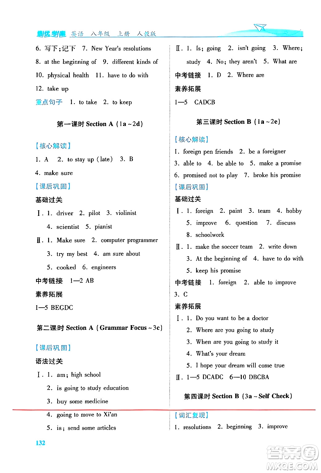 人民教育出版社2024年秋績(jī)優(yōu)學(xué)案八年級(jí)英語(yǔ)上冊(cè)人教版答案