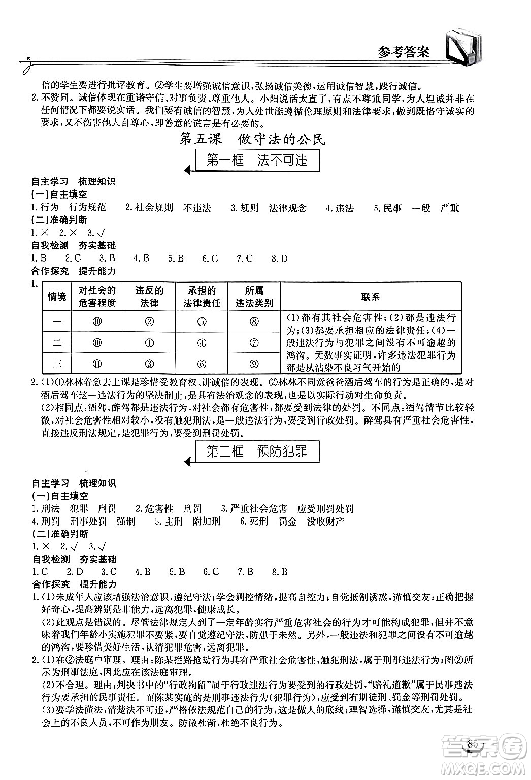 湖北教育出版社2024年秋長(zhǎng)江作業(yè)本同步練習(xí)冊(cè)八年級(jí)道德與法治上冊(cè)人教版答案