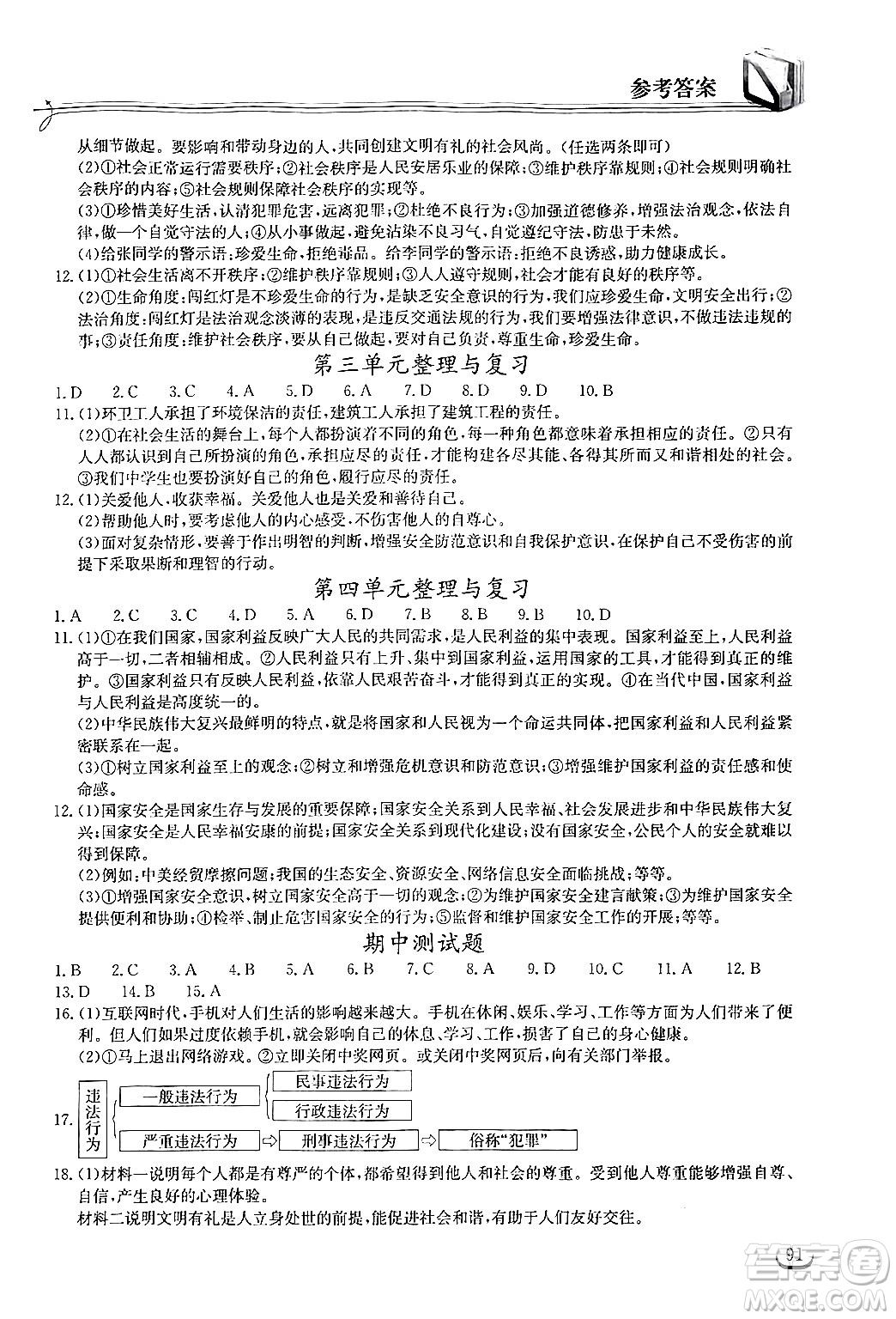 湖北教育出版社2024年秋長(zhǎng)江作業(yè)本同步練習(xí)冊(cè)八年級(jí)道德與法治上冊(cè)人教版答案