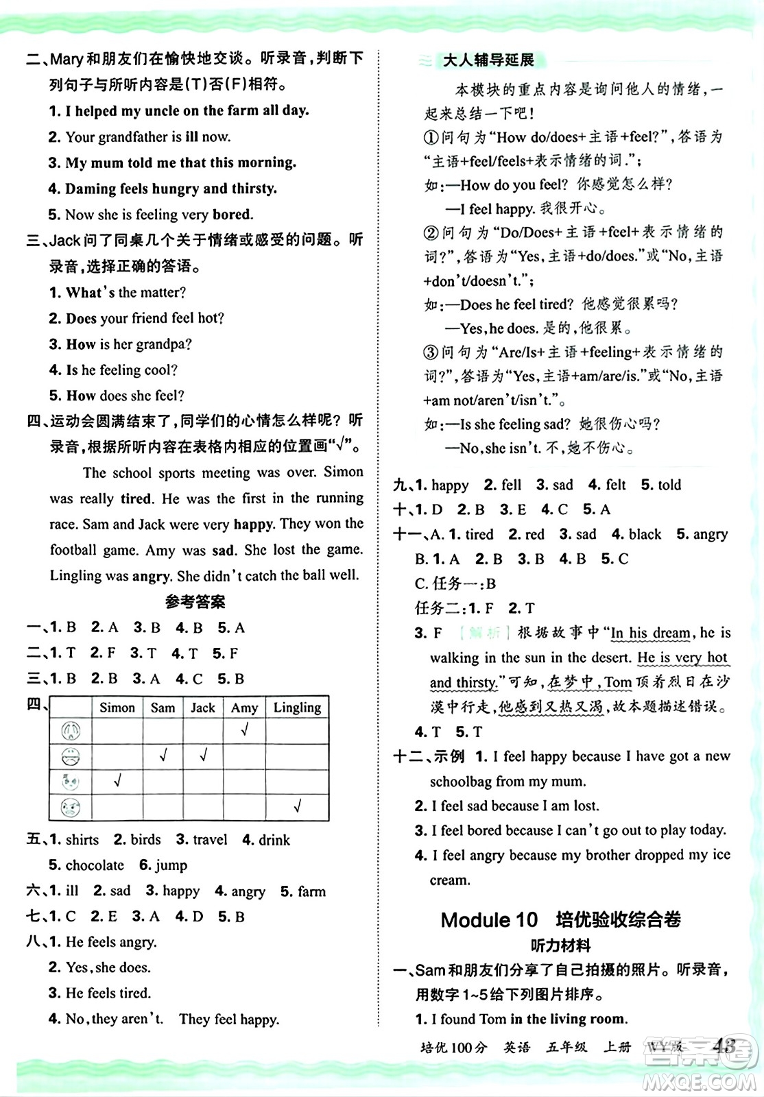 江西人民出版社2024年秋王朝霞培優(yōu)100分五年級(jí)英語(yǔ)上冊(cè)外研版答案