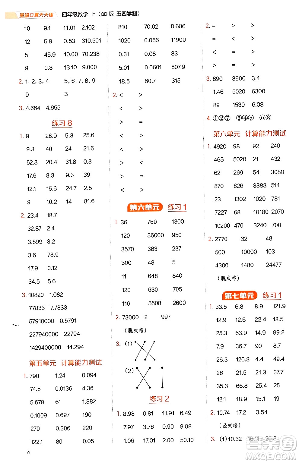 安徽教育出版社2024年秋榮德基星級口算天天練四年級數(shù)學上冊青島版五四制答案