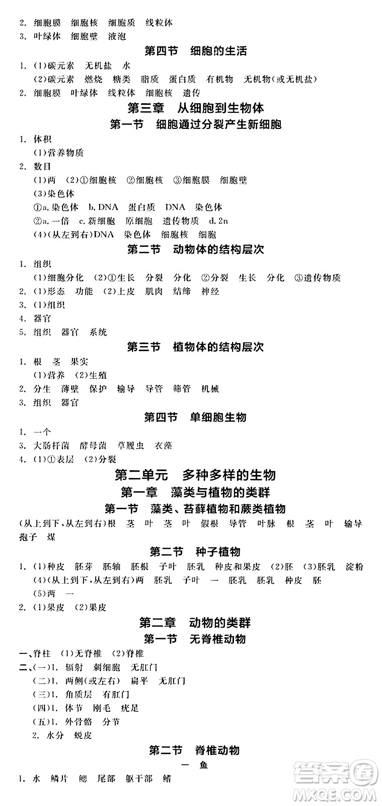 陽光出版社2024年秋全品學(xué)練考七年級(jí)生物上冊(cè)人教版答案