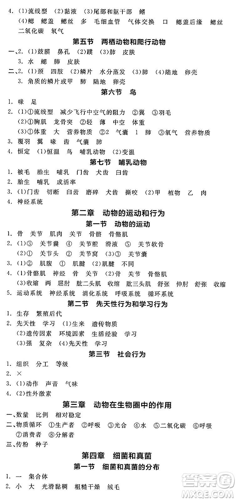 陽(yáng)光出版社2024年秋全品學(xué)練考八年級(jí)生物上冊(cè)人教版答案