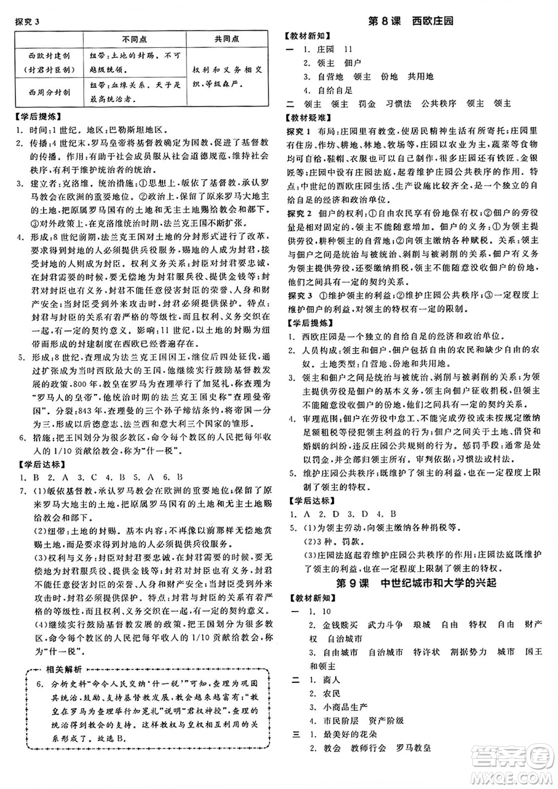 沈陽出版社2024年秋全品學(xué)練考九年級世界歷史上冊通用版答案