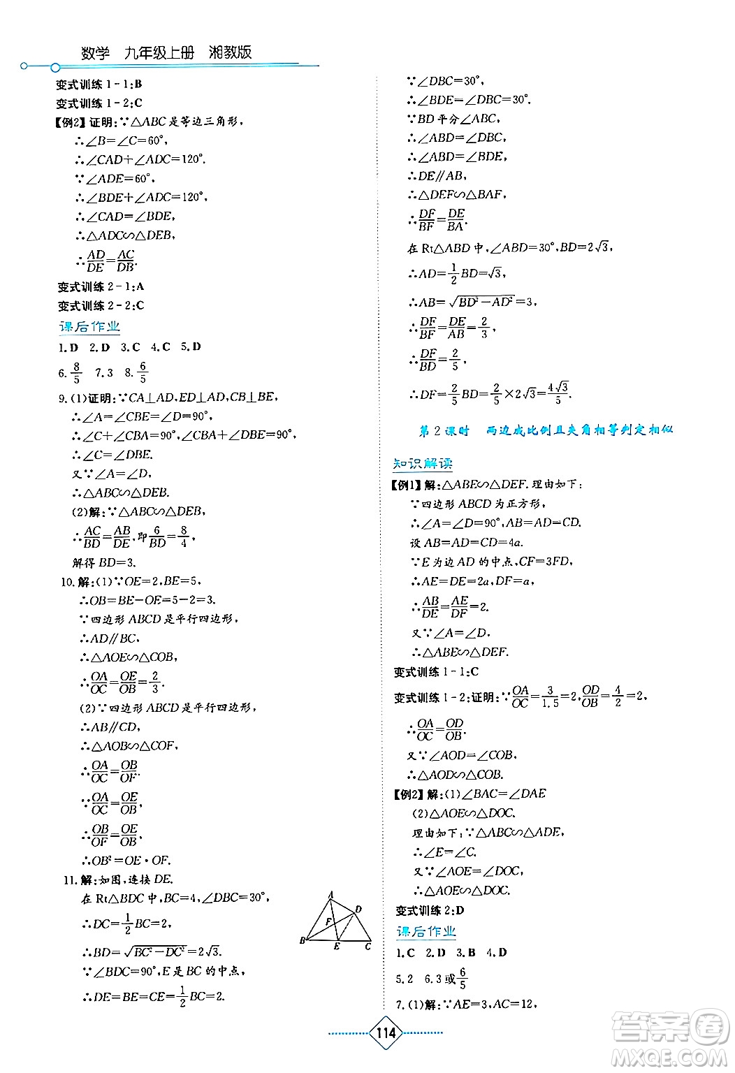 湖南教育出版社2024年秋學(xué)法大視野九年級(jí)數(shù)學(xué)上冊(cè)湘教版答案