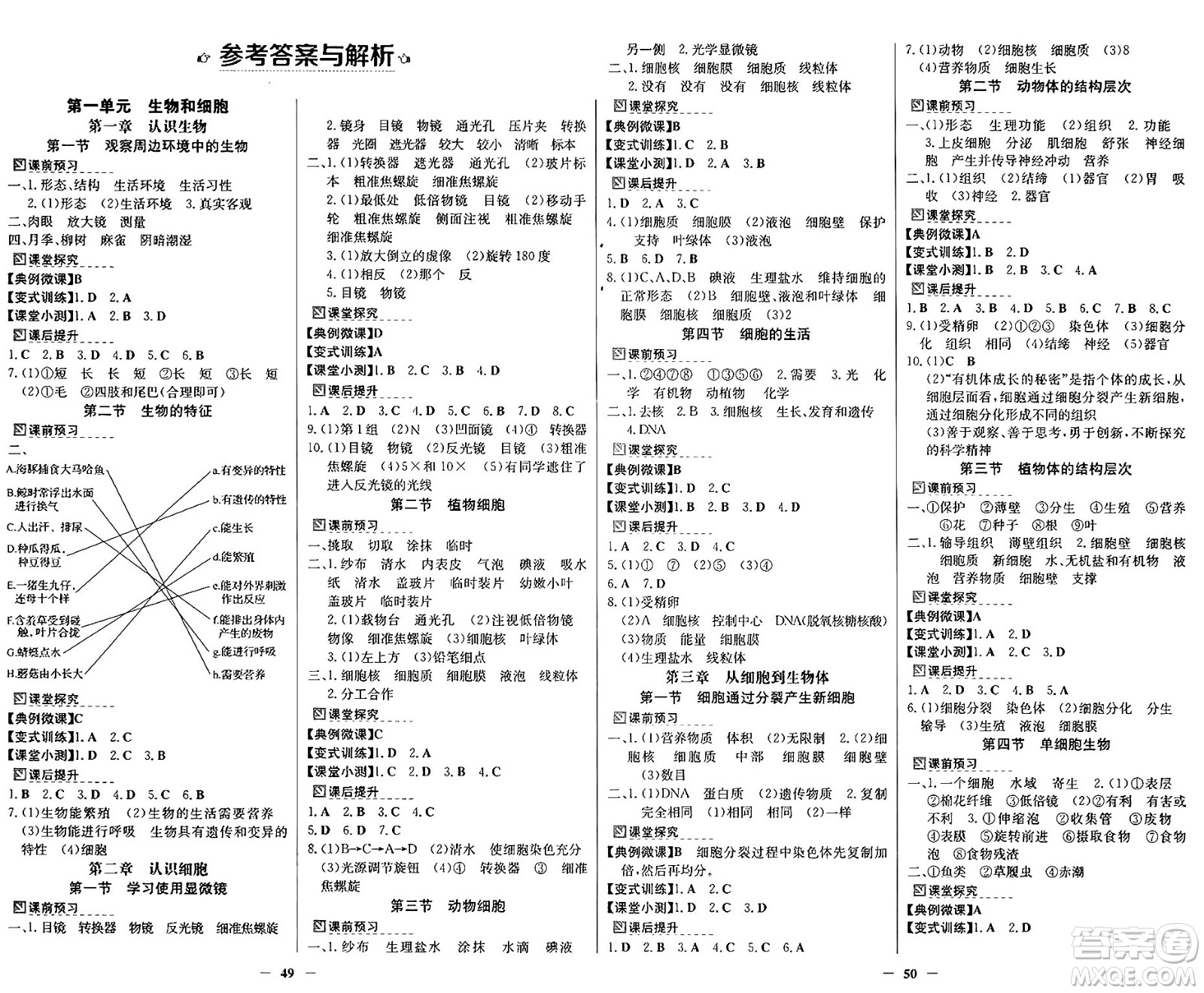 廣東教育出版社2024年秋南方新課堂金牌學(xué)案七年級生物上冊人教版答案