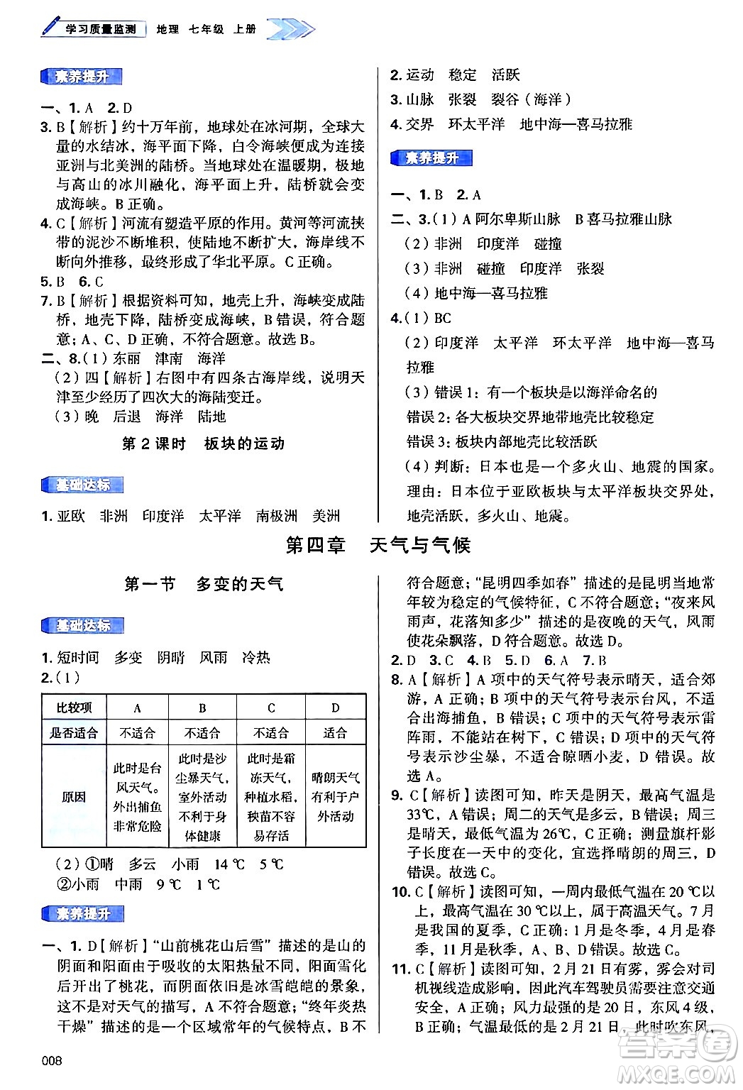 天津教育出版社2024年秋學習質(zhì)量監(jiān)測七年級地理上冊人教版答案