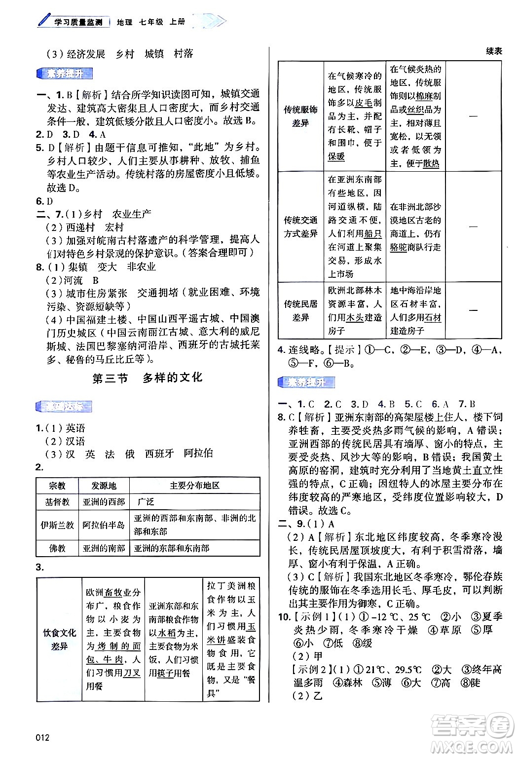 天津教育出版社2024年秋學習質(zhì)量監(jiān)測七年級地理上冊人教版答案